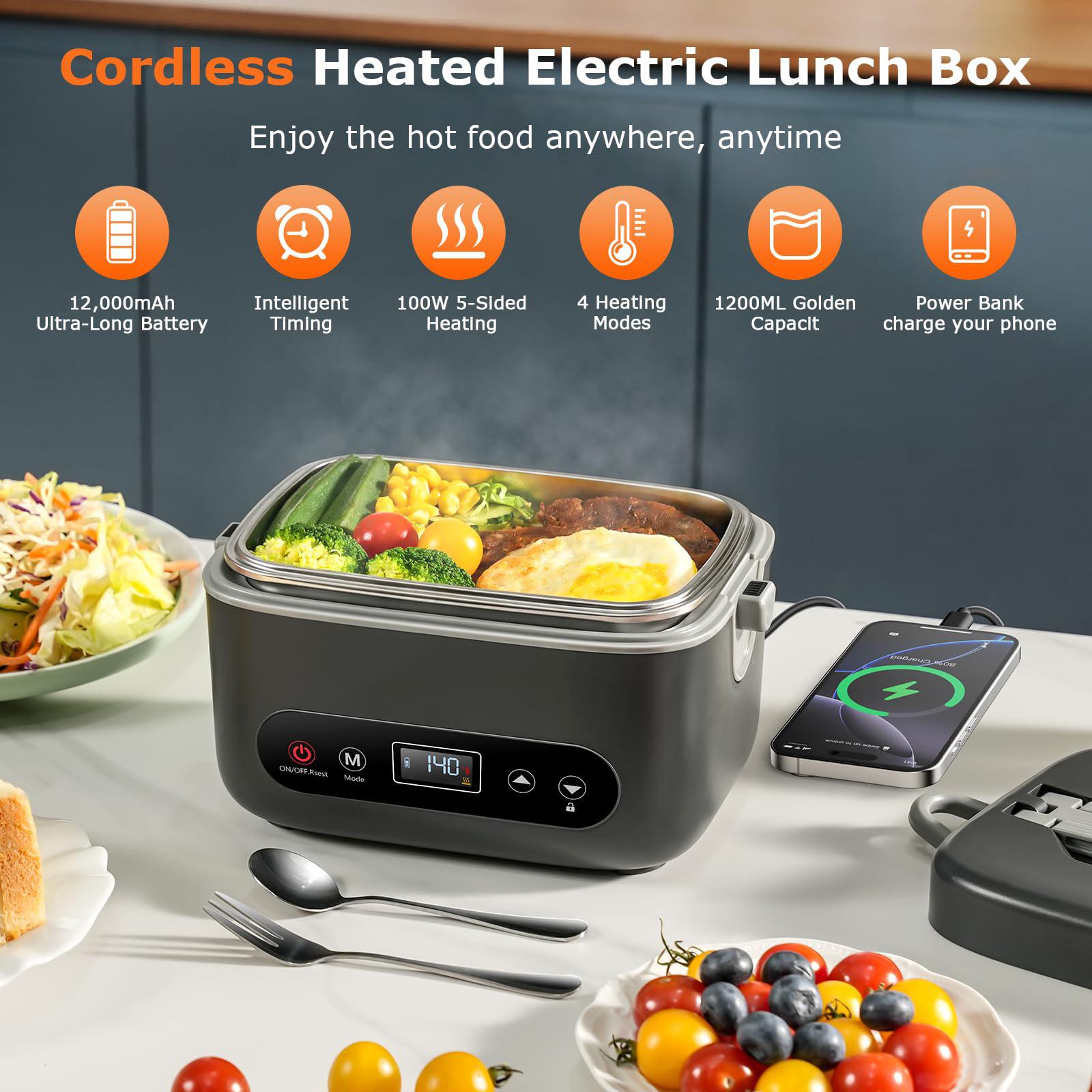 1.2L Leak-proof and BPA-free Cordless Electric Lunch Box, Heated Lunch Box, 20000mAh Rechargeable Portable Food Warmer with 5-sided Heating, Auto Temp Control #GLOBAL PICKS