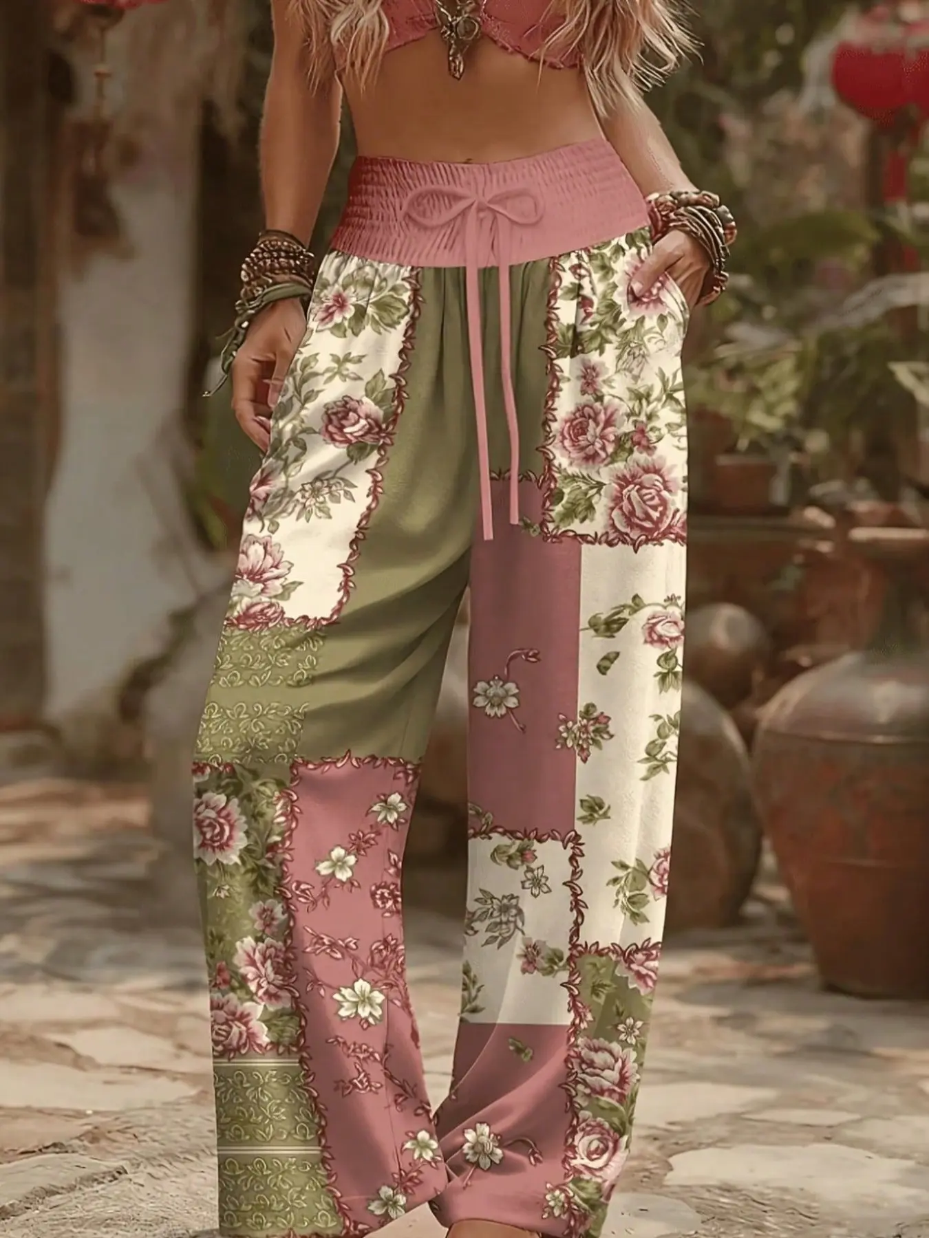 Plus Size Floral Patchwork Wide Leg Pants Casual Drawstring Waist Loose Pants, Basic Vacation Bottoms, Relaxed Fit Casual Ensembles, Stylish Pocket Boho Casual Outfit, Loose Fitting Bottoms