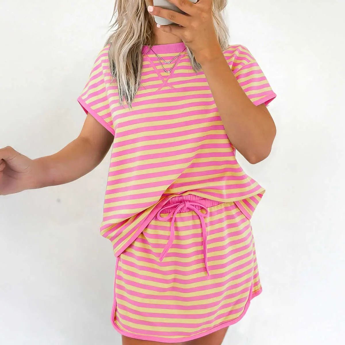 Pink Stripe Loose Short Sleeve Top and Skirt Set  casual matching womens gifts  Summer two piece set
