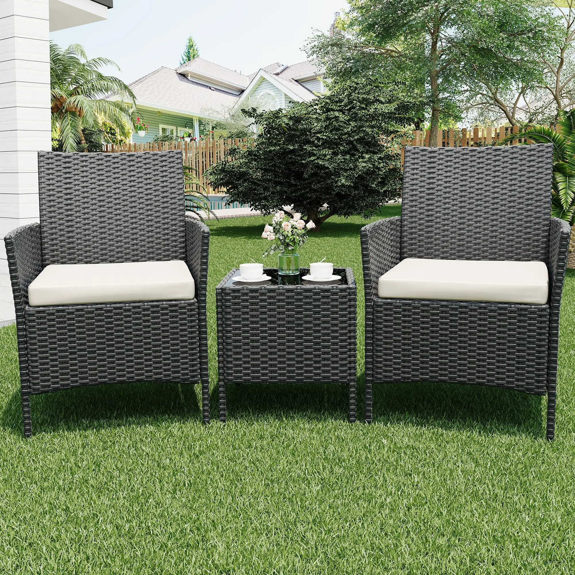 Patio Porch Furniture Sets 3 Pcs PE Rattan Wicker Chairs with Table Outdoor Garden Furniture 3-In-1 Sets