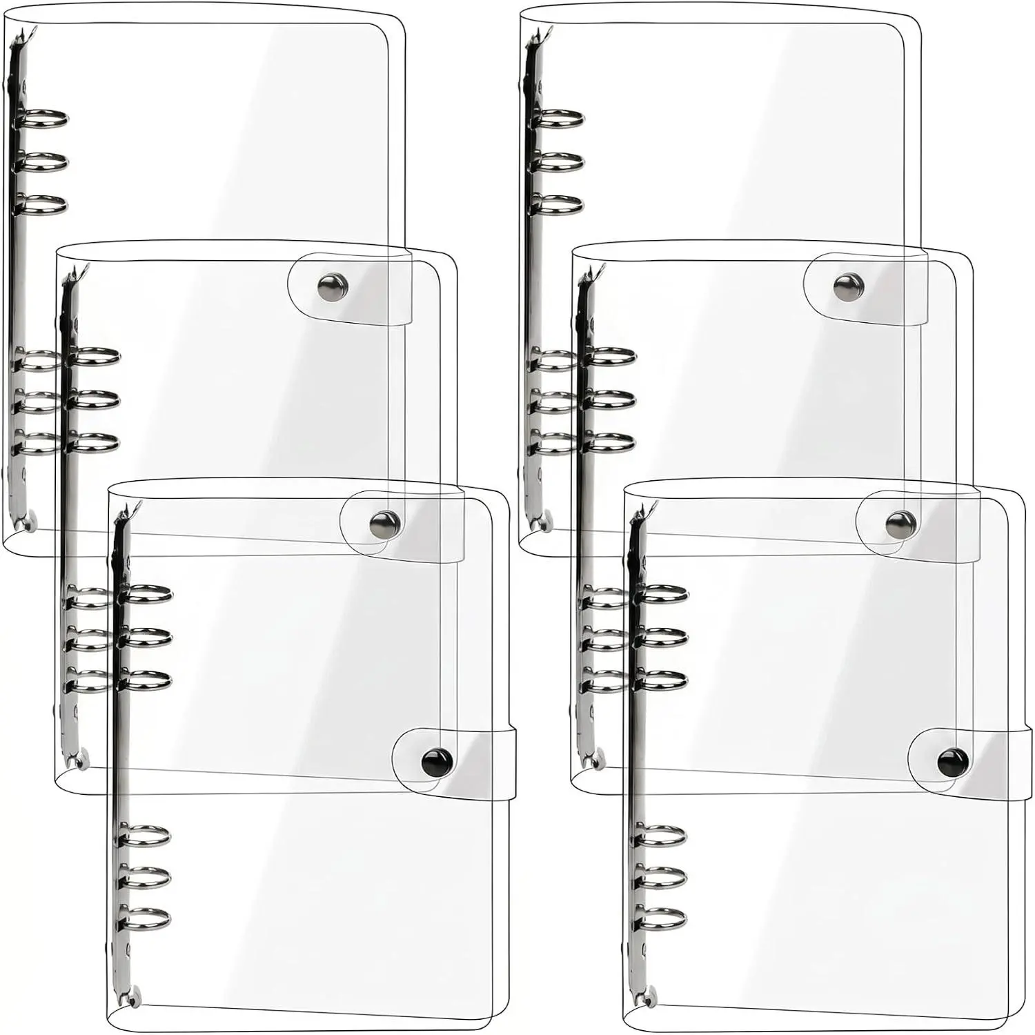 6 Pack A5 Clear PVC Binder, 6-Ring Soft Notebook Binder Transparent Loose Leaf Binding Covers, Refillable Notebook Round Ring Binder with Snap Button Closure, 9.3" x 7"