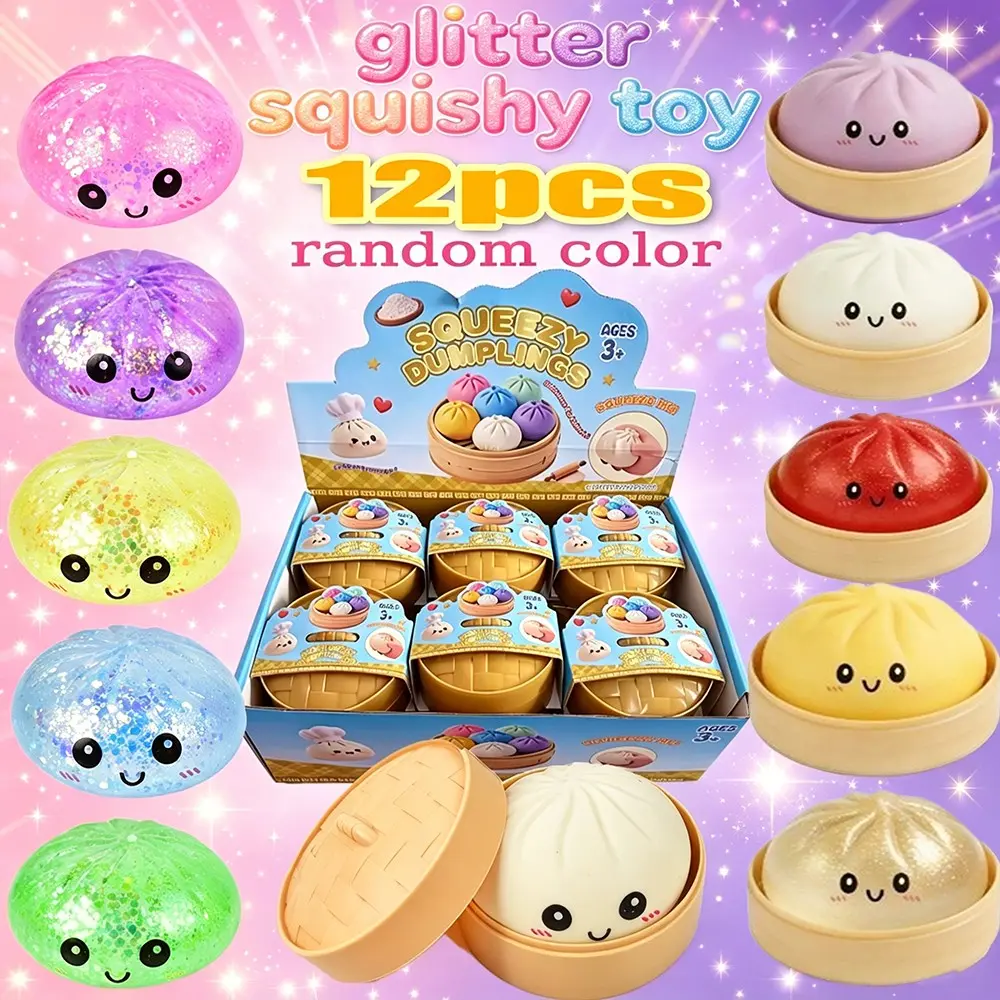 12pcs Glitter Dumpling Squishy, Soft Tpr Dough Ball with Steamer, Sensory Stress Relief Toy, Unisex Soft Squishy Fidget, Dumplings Squishy Glitter, Squishy Fun, Glittery Squishies