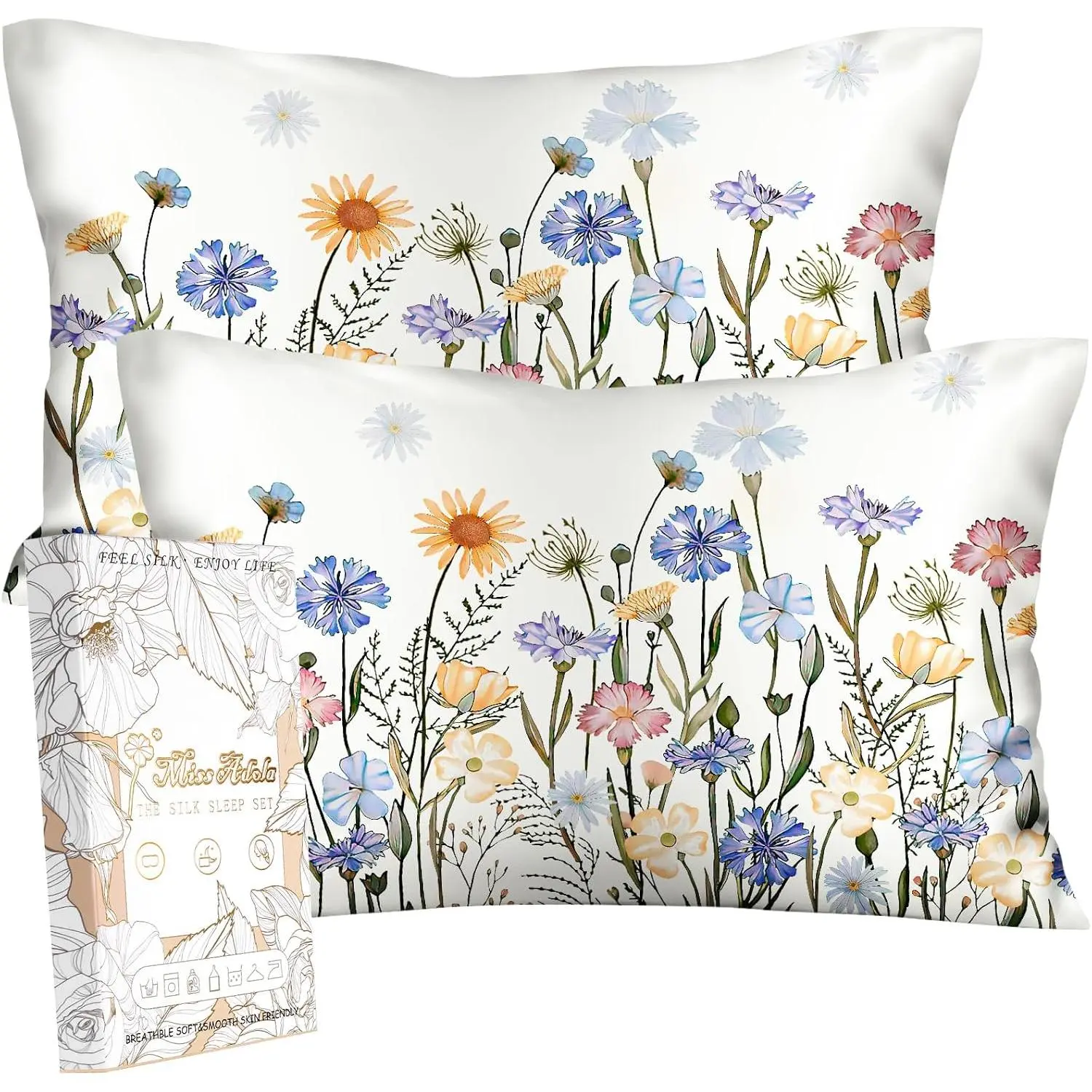 2 Pack Silk Pillowcases - Standard Size 20 x 26 Inch Pillow for Hair and Skin Soft Cooling Bed Sleeping Pillow Covers with Zipper for, Colorful Flower