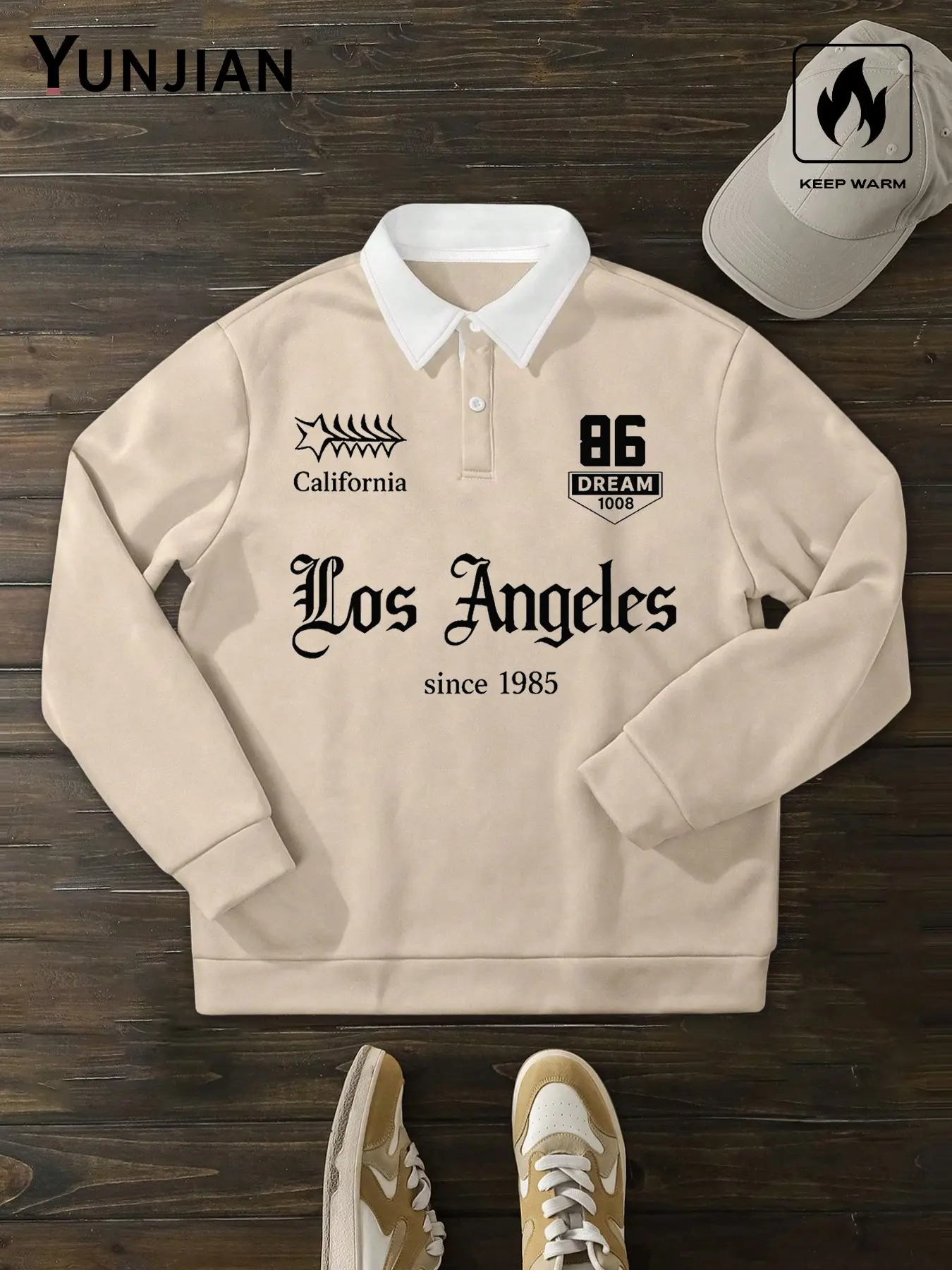 Men's Warm Fleece Polo Neck Sweatshirt, Soft Classic Casual Los Angeles Print, Loose Fit Long Sleeve Pullover, Fall Winter Layering