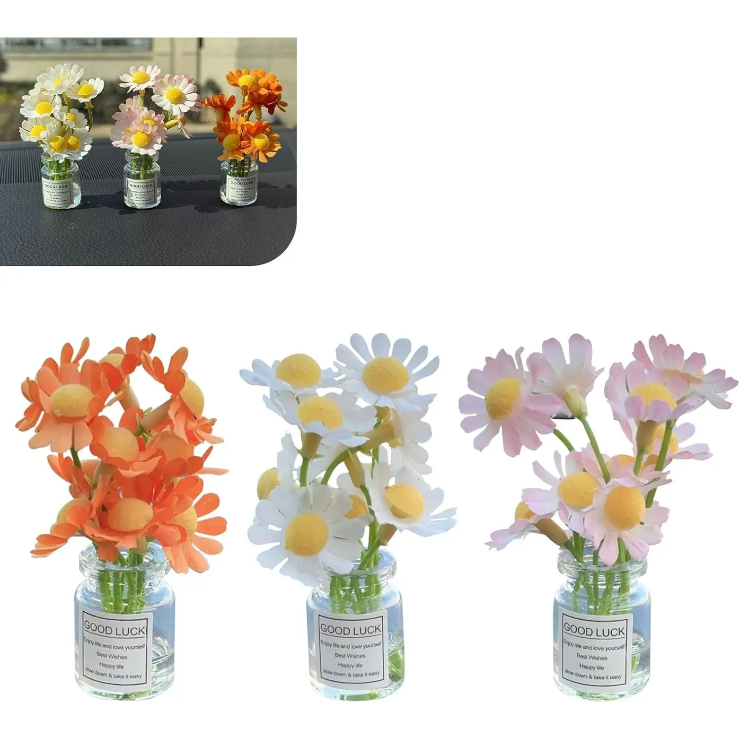 3 count Daisy Flower  Accessories for Women, Cute Daisy Glass Vase Ornaments, Funny  Rear View Mirror & Dashboard Decor, Auto Interior Decorations