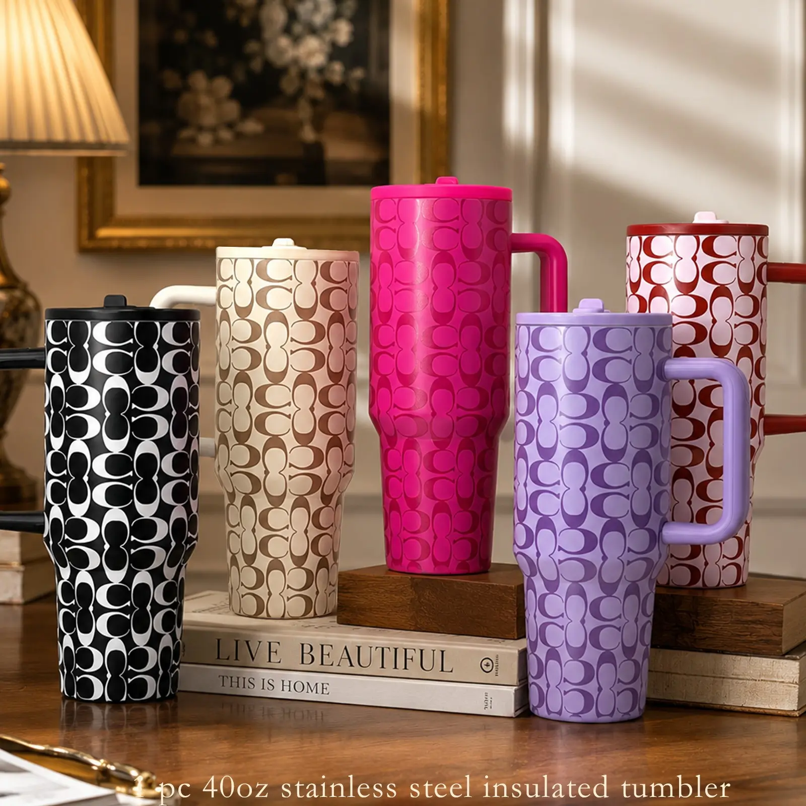 1 Count 40oz Patterned Stainless Steel Tumbler with Handle and Lid, Double-Wall Vacuum Insulated Travel Mug for Coffee and Tea, 12H Heat Retention 24H Cold Retention, Thermal Mug, Large Capacity Cup for Office, Gym and Travel, Ideal Gift #GLOBAL PICKS