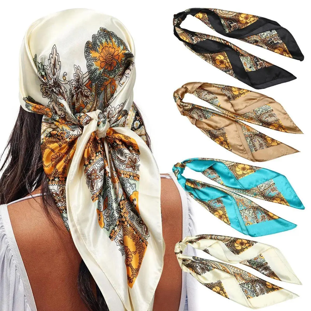 Women's 4-Pack Large Square Scarves, 35-Inch Printed Silk-Like Satin Bandana Head Wrap, Breathable Polyester Fits for Party Wear & All Seasons, Scarf Head Wrap, Ceremony