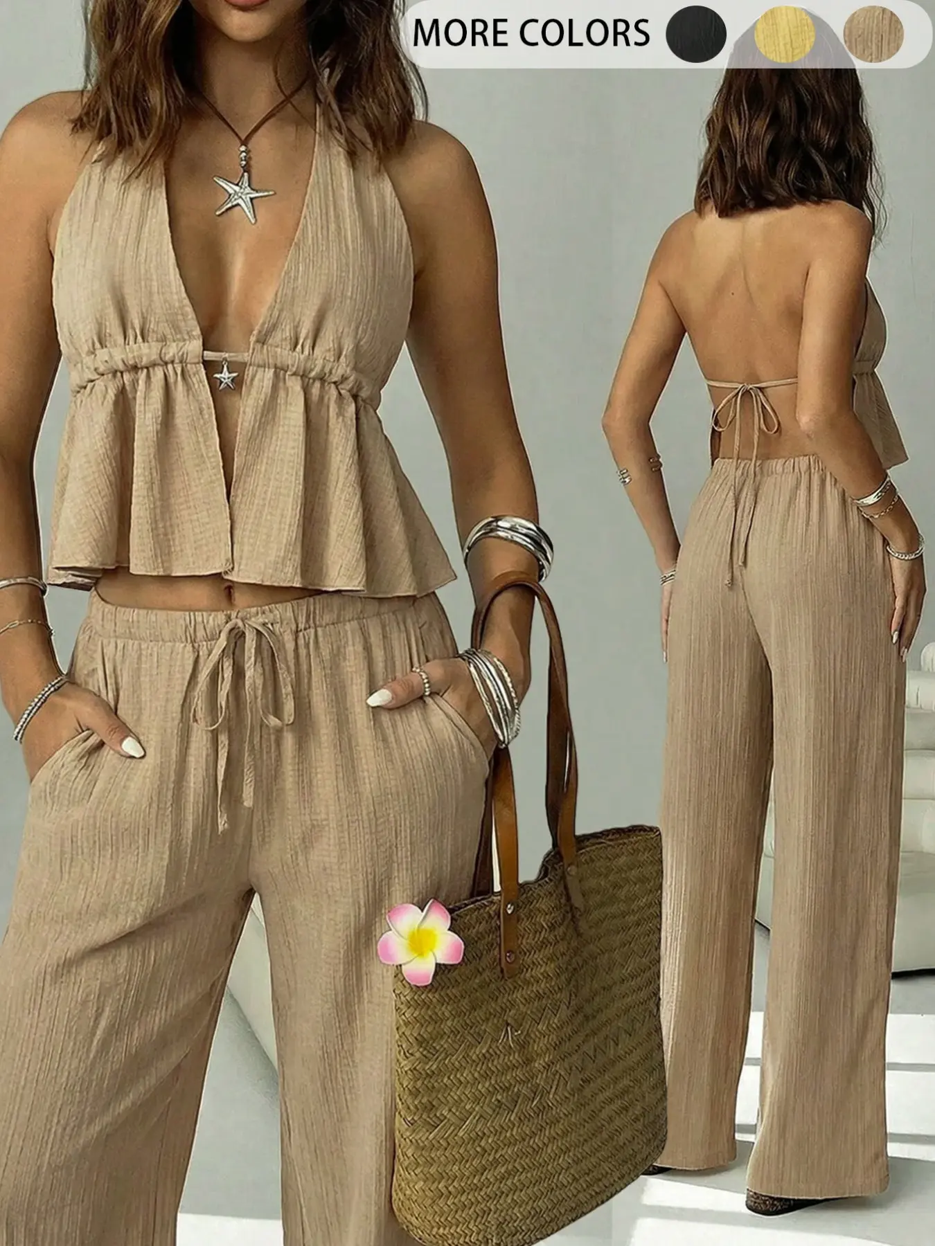 Women's Casual Beach Vacation Set, Outfit, Deep V Neck Strappy Top, Backless Babydoll Shirt, Loose Wide Leg Pants, 2 Piece