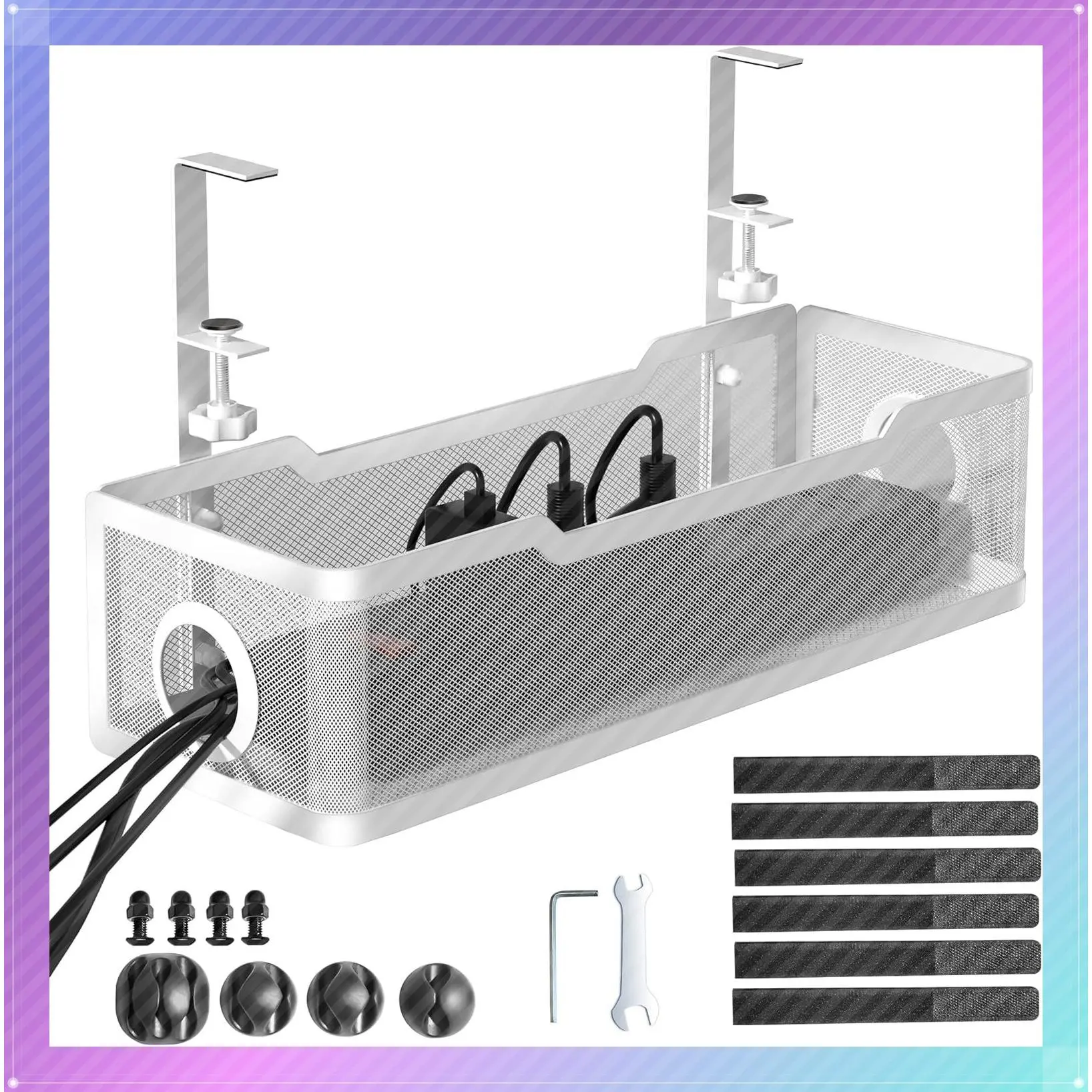 Under Desk Cable Management Tray White – No Drill Wire Organizer with Clamp, Cord Management Box for Office & Home, No Damage Desk MountGift