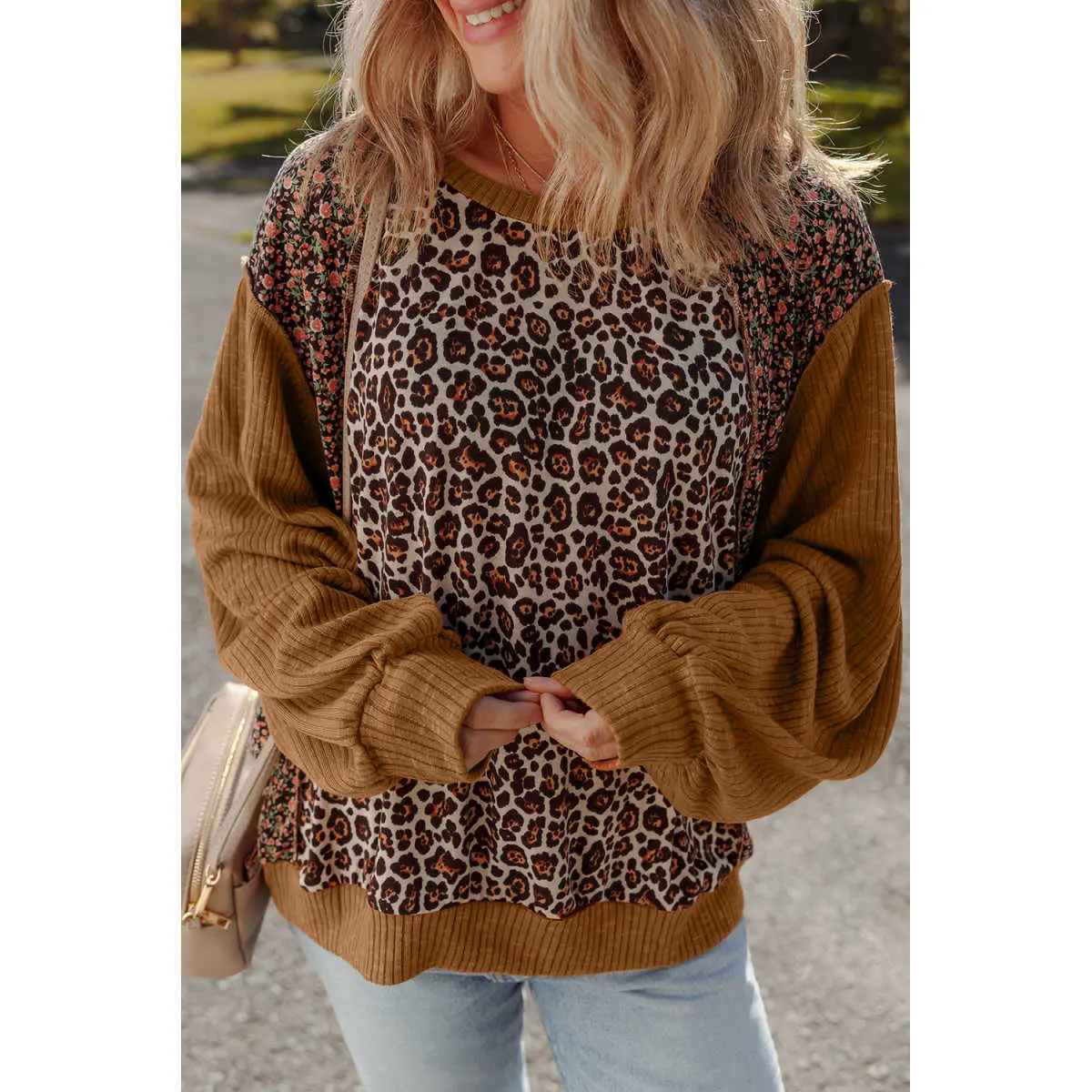 Women's Ribbed Pullover Hoodie - Casual Trendy Sweatshirt, Leopard Floral Patchwork Print Long Sleeve Tops Women, Feminine Puff Sleeves, Comfortable Loose Fit, Polyester Blend Everyday Wear, Trendy Sweatshirts