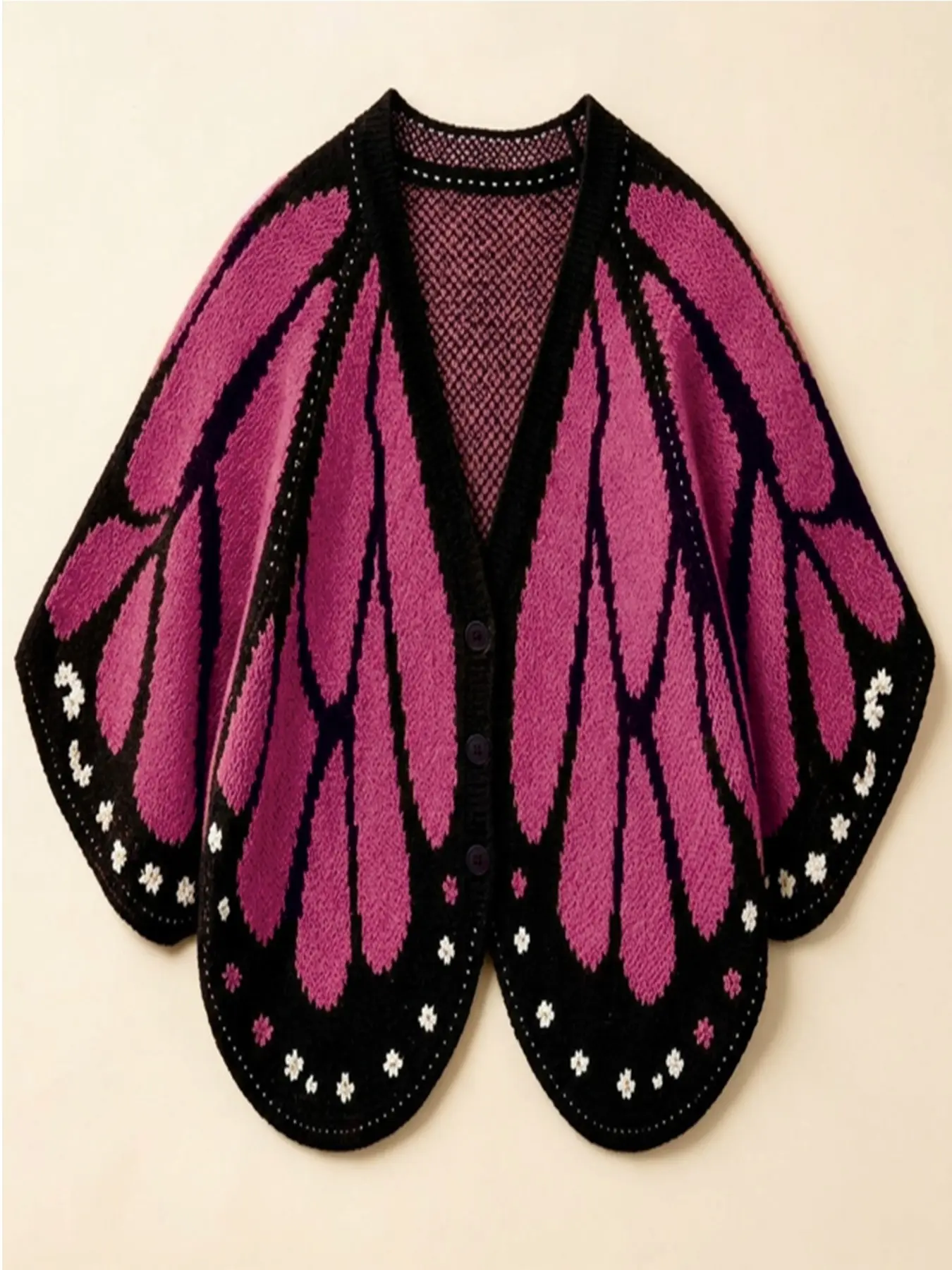 Plus Size Butterfly Pattern V Neck Knit Cardigan, Batwing Sleeve Button Front Loose Sweater Coat, Women's Autumn Winter Casual Knitwear