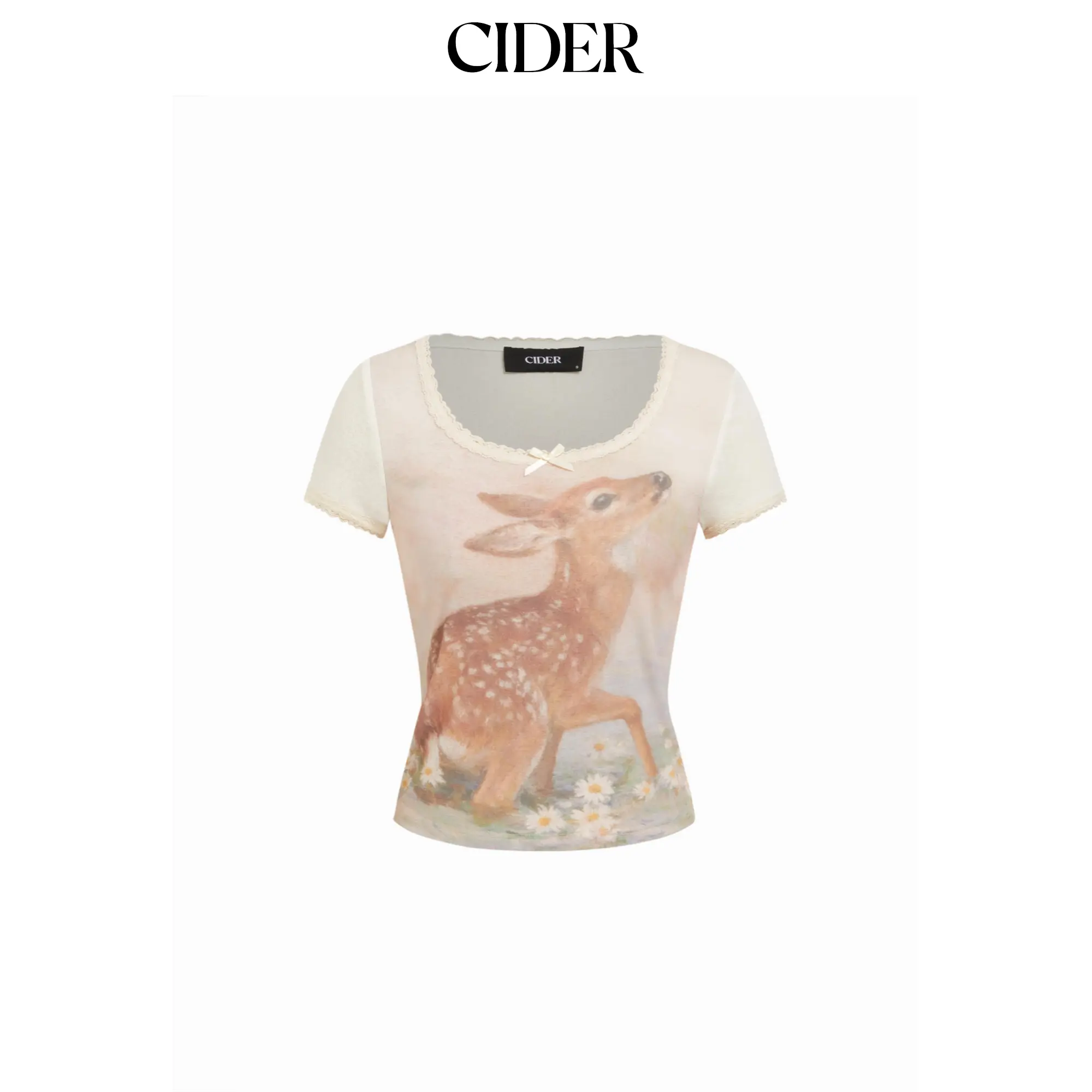 Cider Deer Graphic Scoop Neck Bowknot Lace Trim Tee