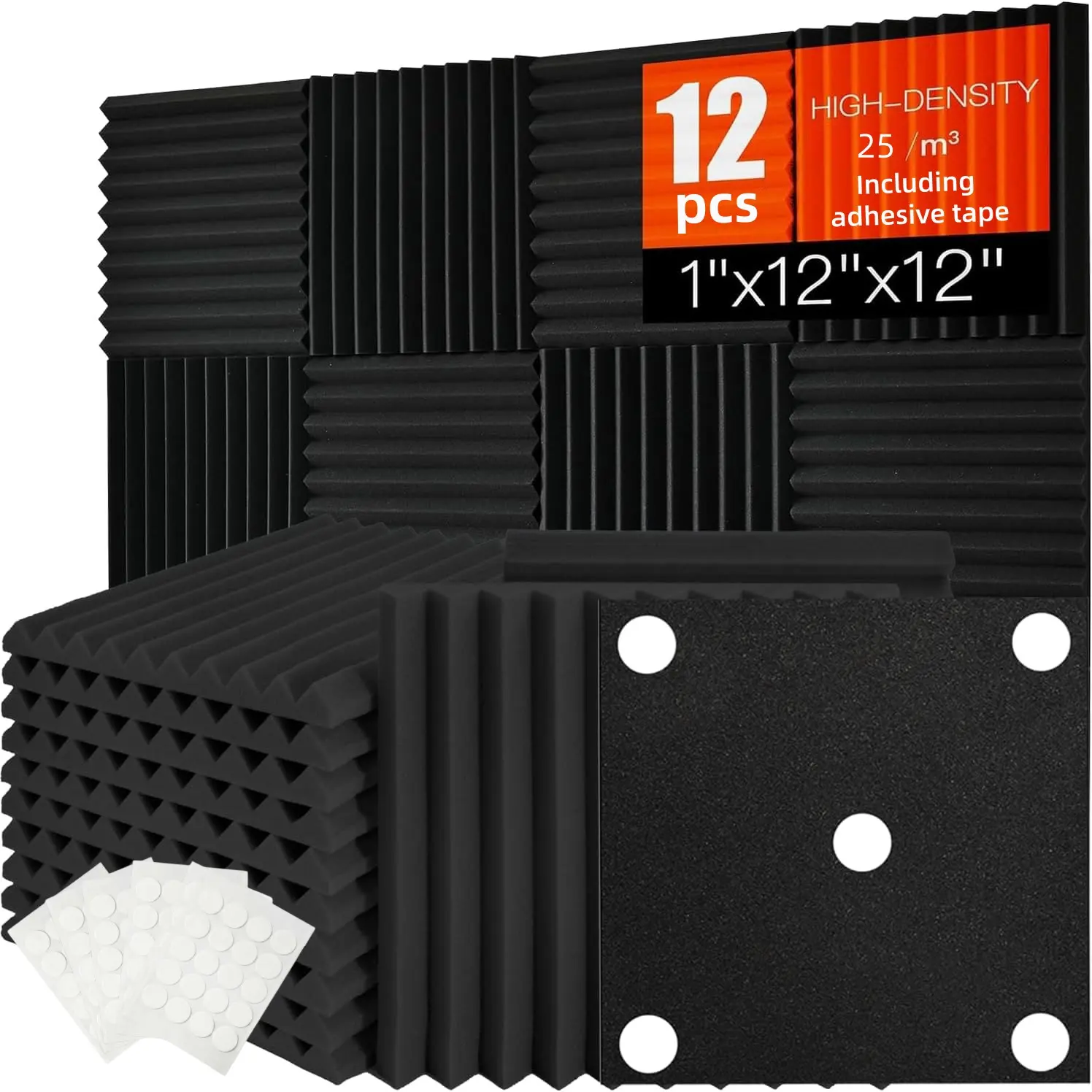 12 Pieces Hertber Wedge Sound Absorbing Foam Panels, 30x30x2.5cm Noise Reduction, Includes 60 Dual-Sided Adhesive Dots, Ideal for Studio, Home, Office