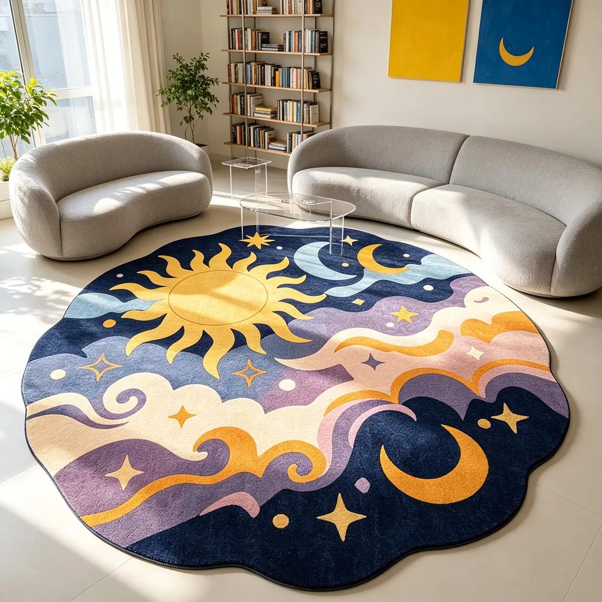 1Pc Round Short Plush Rug With Wavy Lace Edge, Day & Night Sun Moon Cloud Design, Gradient Dark Blue Purple Nebula Hand-Painted Starry Sky Cozy Floor Mat, Skin-Friendly Dreamy Healing Aesthetic Decor Rug for Living Room Bedroom Sofa Area