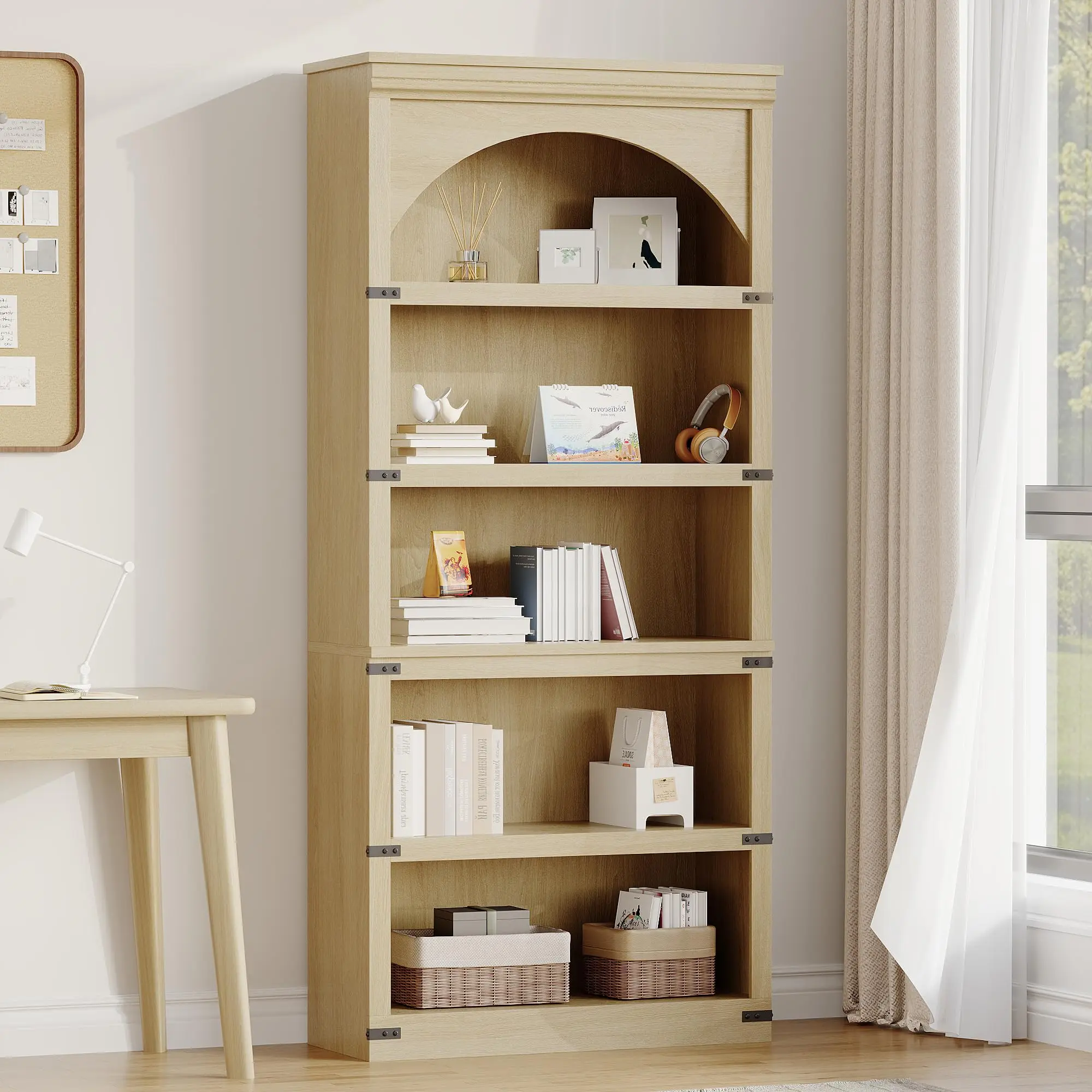 Garvee 67" Tall Industrial Arched 5-Tier Wooden Bookcase, Curved Open Display Shelving Unit with Metal Frame, Rustic Farmhouse Storage Rack in White & Grey Finish for Living Room, Bedroom & Home Office