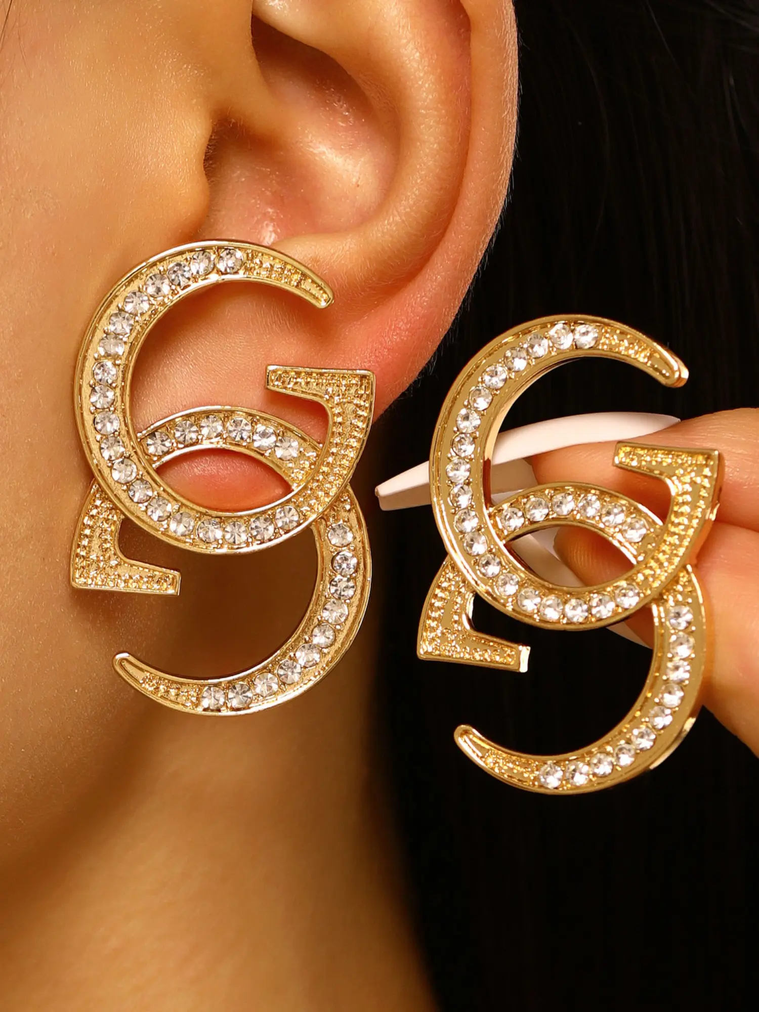 Luxurious Heavy Rhinestone Double G Letter Earrings Studs, Fashion Jewelry, Bold Large Size, Silver Color &, Vintage Style, Perfect for Parties