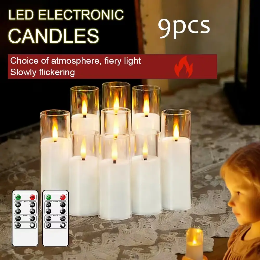 Acrylic 9Pcs White Flameless LED Candles with Remote Control Timer Dimmer - 10-Key Remote, Operated Realistic Flickering Flame, LED Candle Lamp for Wedding Christmas Birthday Thanksgiving New Year Home Decor Prayer candle