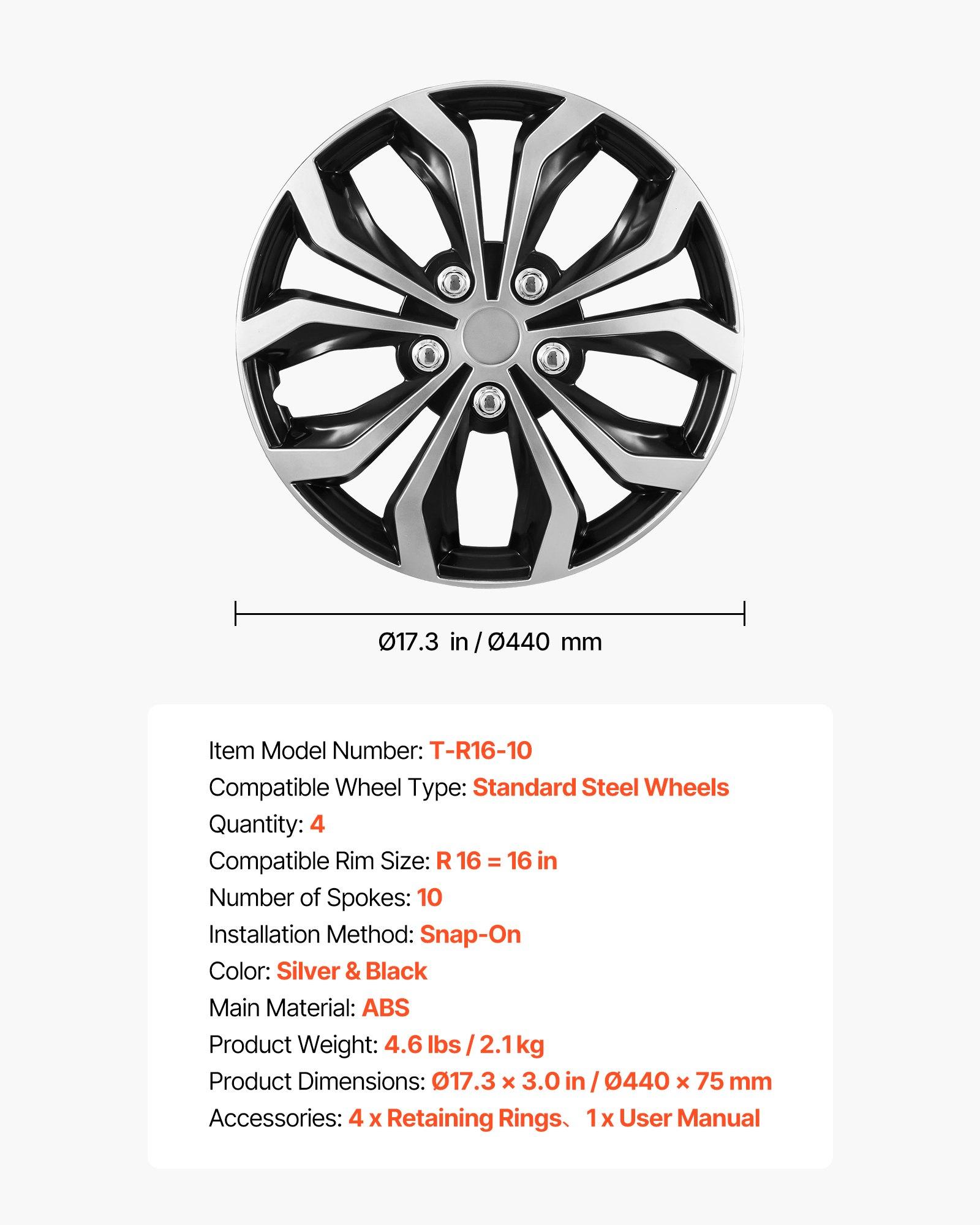 VEVOR Hubcaps Wheel Covers, 16 Inch Set of 4 Wheel Rim Cover Hubcaps OEM Replacement, R16 Size Snap On Car Hub Caps, Universal 10-Spoke ABS Tire Rim Caps for Hyundai Chevrolet Ford Honda, Silver/Blac
