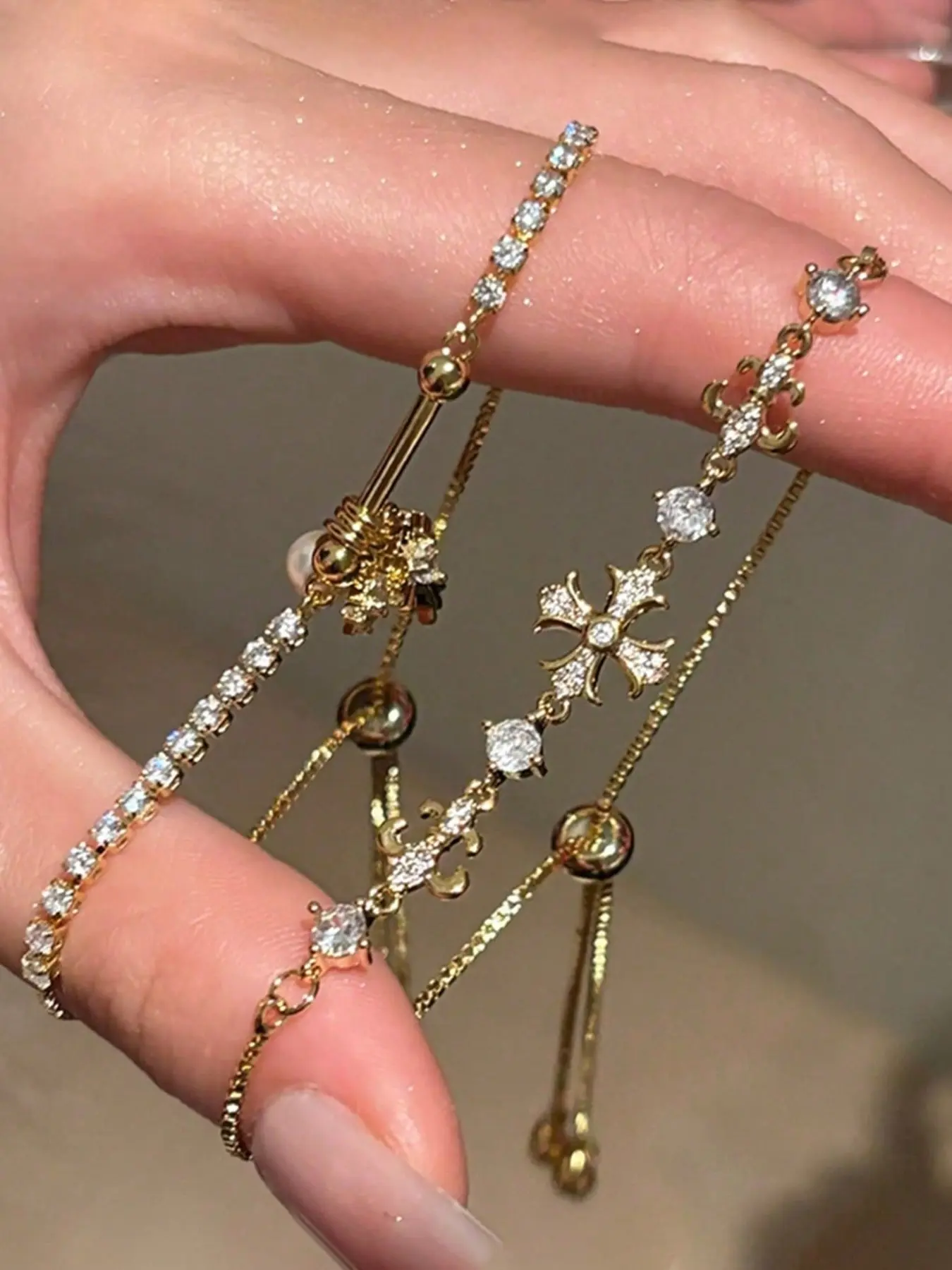 2pc Zirconia Iris Flower Cross Bracelet Set, Adjustable Stainless Steel Chain, Casual Luxury Accessory for All Seasons