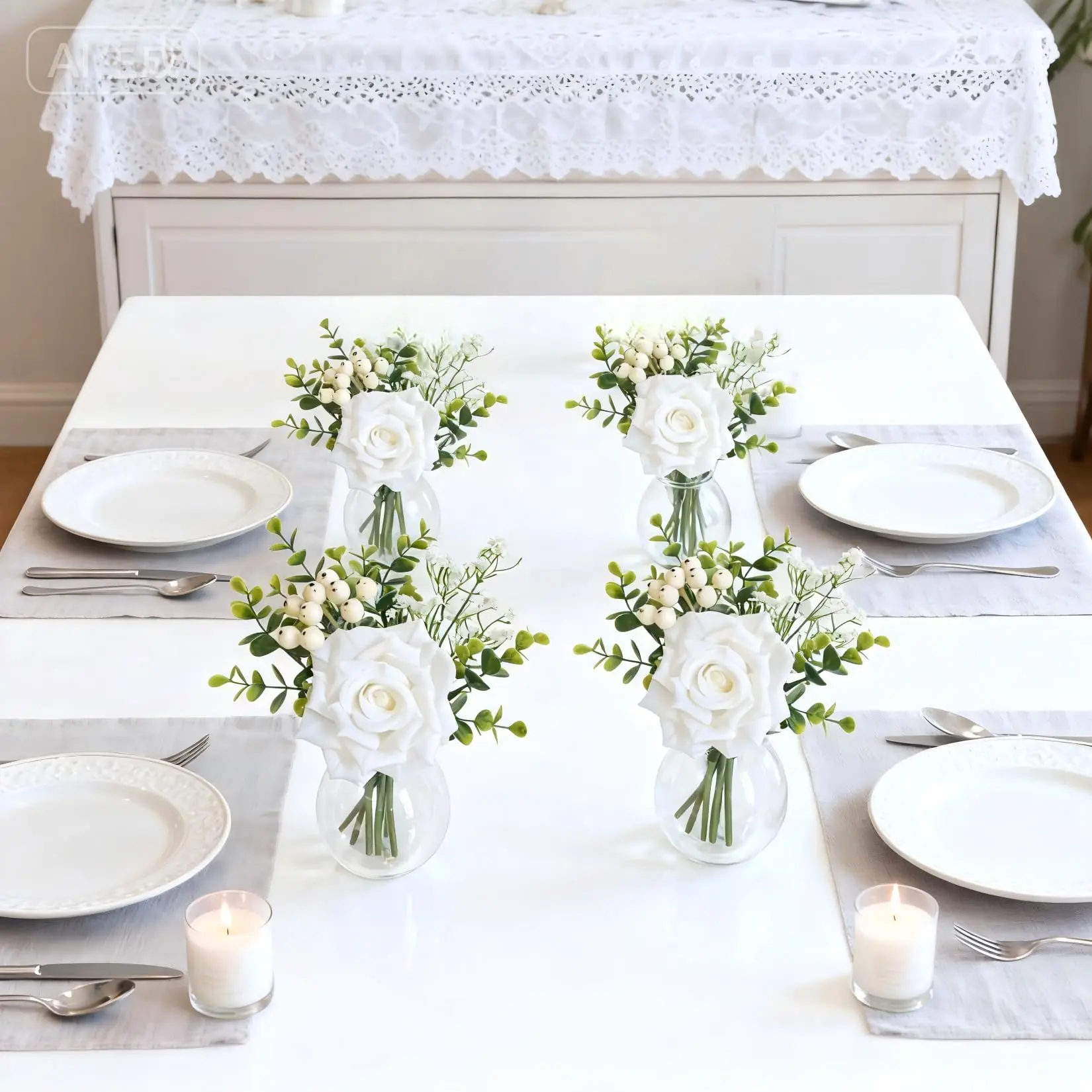 6 Pcs Artificial Flower Arrangements with Vase, Artificial Wedding Table Centerpieces White Rose with Eucalyptus & Baby's Breath Arrangement with Lifelike Water for Wedding, Dining Table Decor