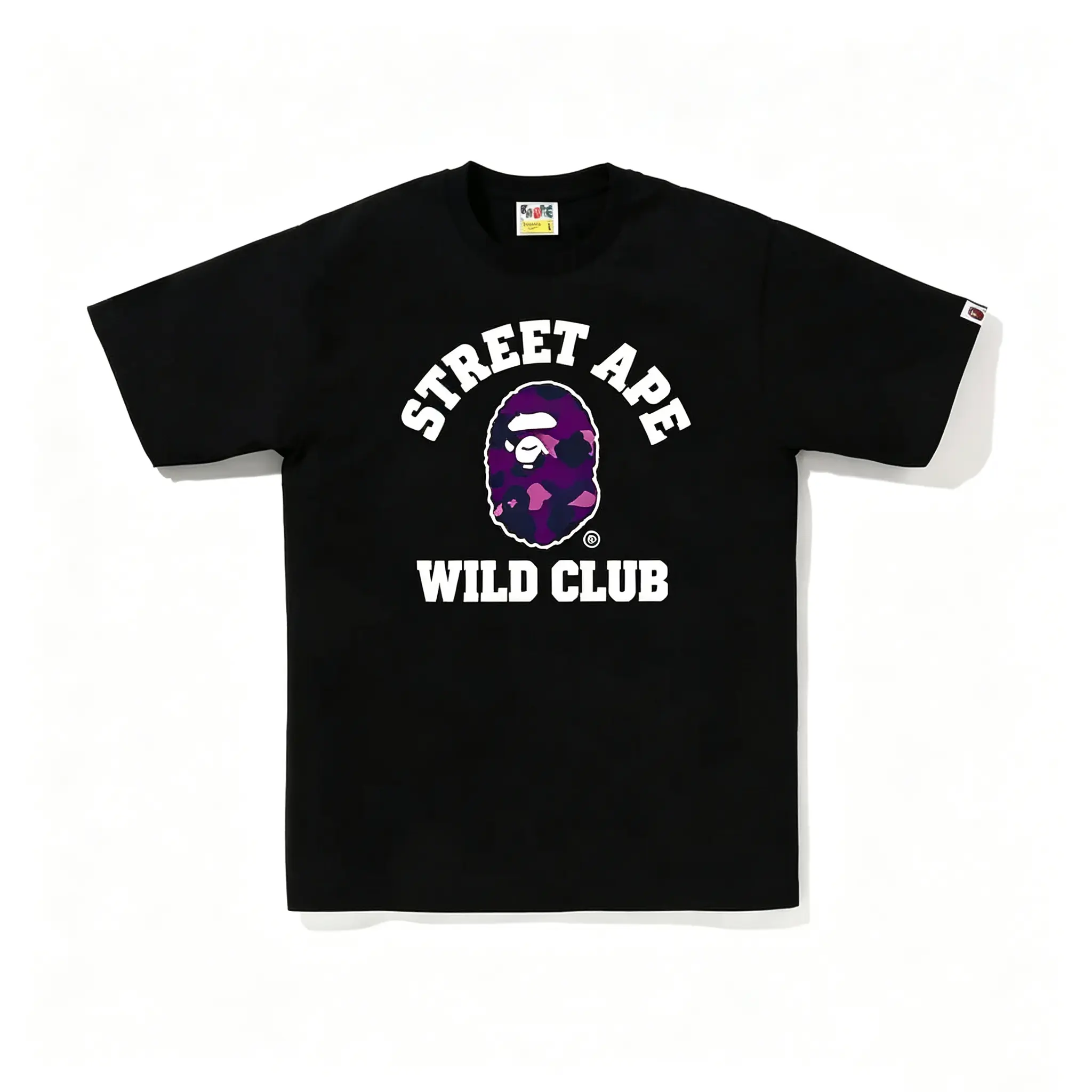 Unisex Retro College-Style Ape Graphic Sports T-Shirt - Purple Camo Distressed Print, Soft Black Cotton Crewneck Short-Sleeve Top, Casual Streetwear for Men Women
