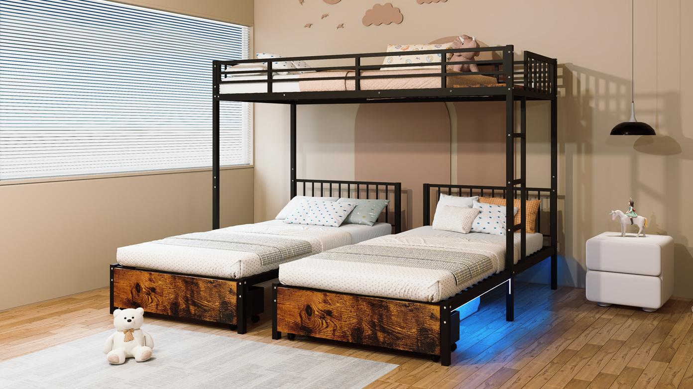 Triple Bunk Bed for Kids,3 Bed Bunk Beds for 3, Heavy-Duty Metal Triple Bunk Beds,Separates Into 3 Twin Beds, Noise Free,BLACK