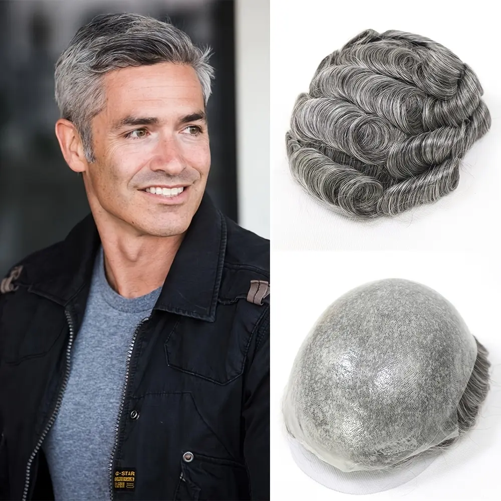 Sleek Chic Men's 0.06-0.08mm Full PU Human Hair Toupee Wig - Single Knot Light Beige Prosthesis, 30mm Body Wave Grey Hairpiece with Natural Hairline, 8x10 Inch for All Ethnicities, Hair Replacement System| Natural Looking Hairline