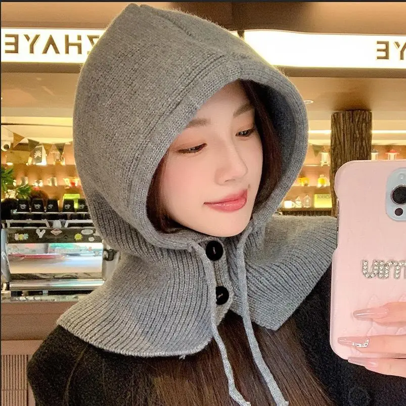 2-in-1 Knitted Balaclava Hat Scarf for Women, Button Drawstring Windproof Neck Warmer Hooded Beanie, Soft Thermal Knit Hat for Autumn Winter Outdoor Cycling Daily, 6 Colors Available