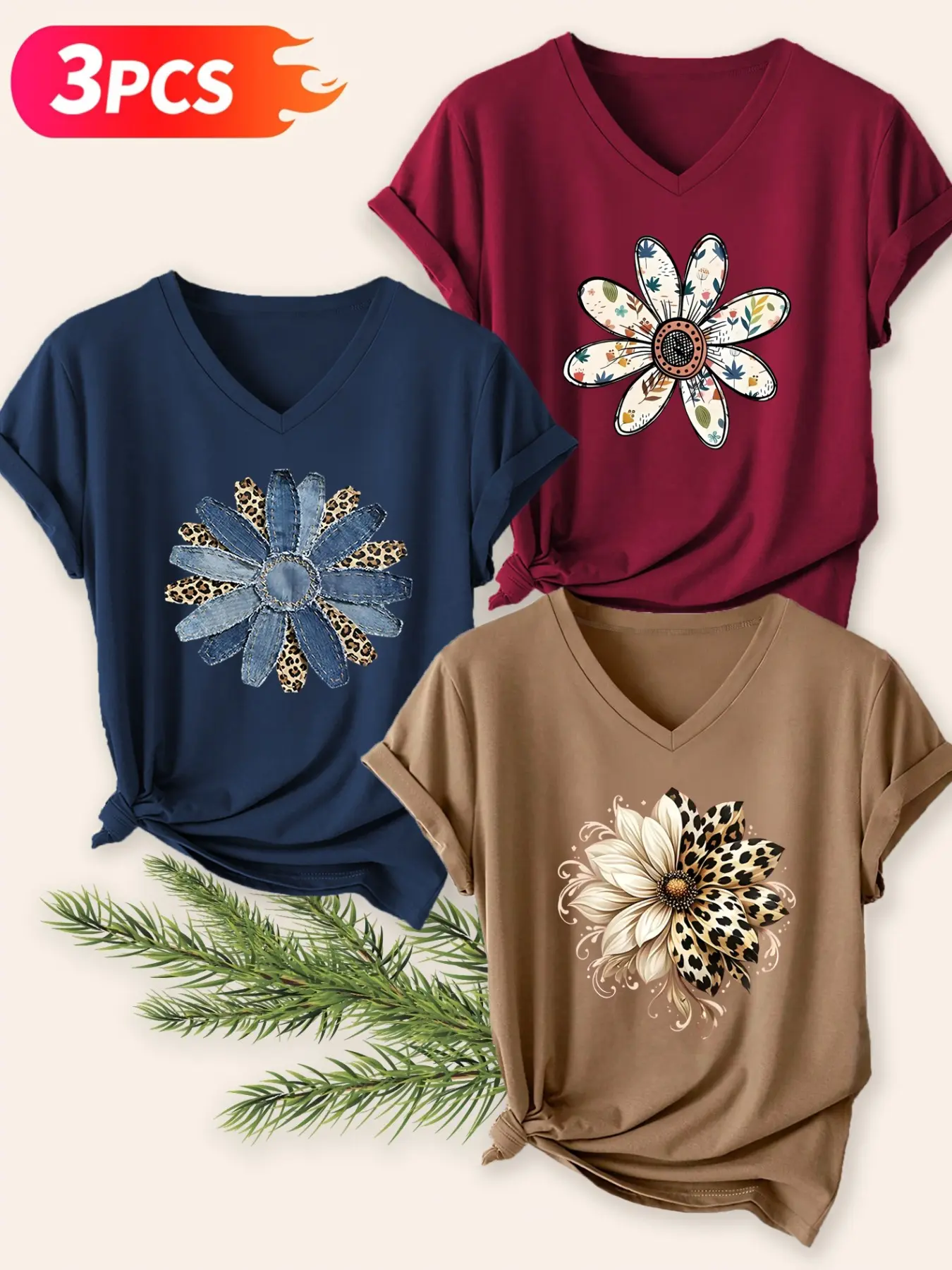Women's V-Neck Three-Piece Set, Floral Print Short Sleeve T-Shirts, Breathable Fabric, Casual Fashion, All Seasons Wear