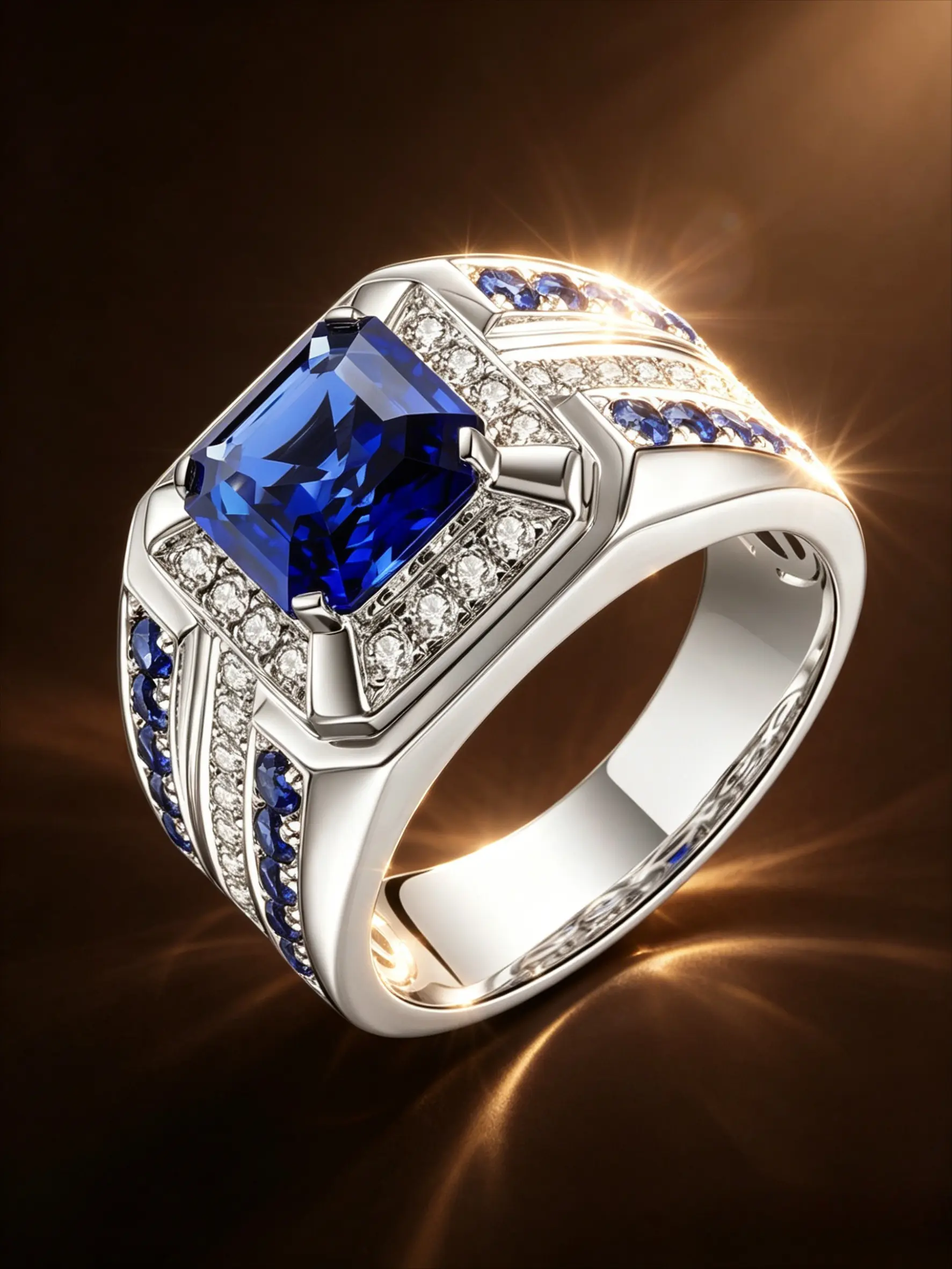 Square Cut Blue Simulated Sapphire Men Signet Ring, Triple Row Inlaid White & Blue Cubic Zirconia Wide Band Silver Tone Finger Ring, Cluster Stone Engagement Ring, Engagement Wedding Band, Engagement Jewelry Gift For Boyfriend Husband Father