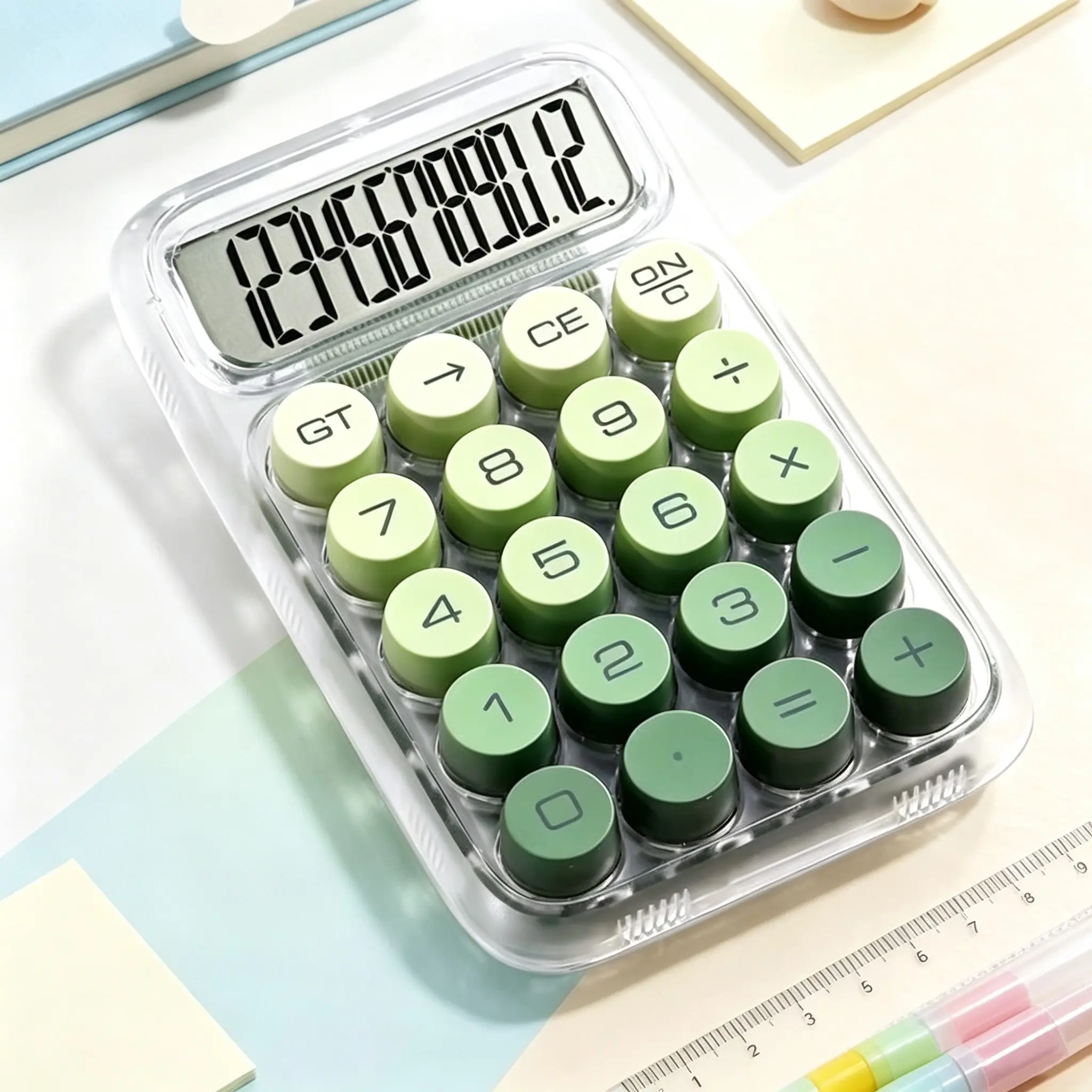 Gradient Button Transparent Height Calculator, 12-Digit HD Screen, Mechanical Keys, Portable Desktop Calculator, Student Exam Office Gift, Office Supplies