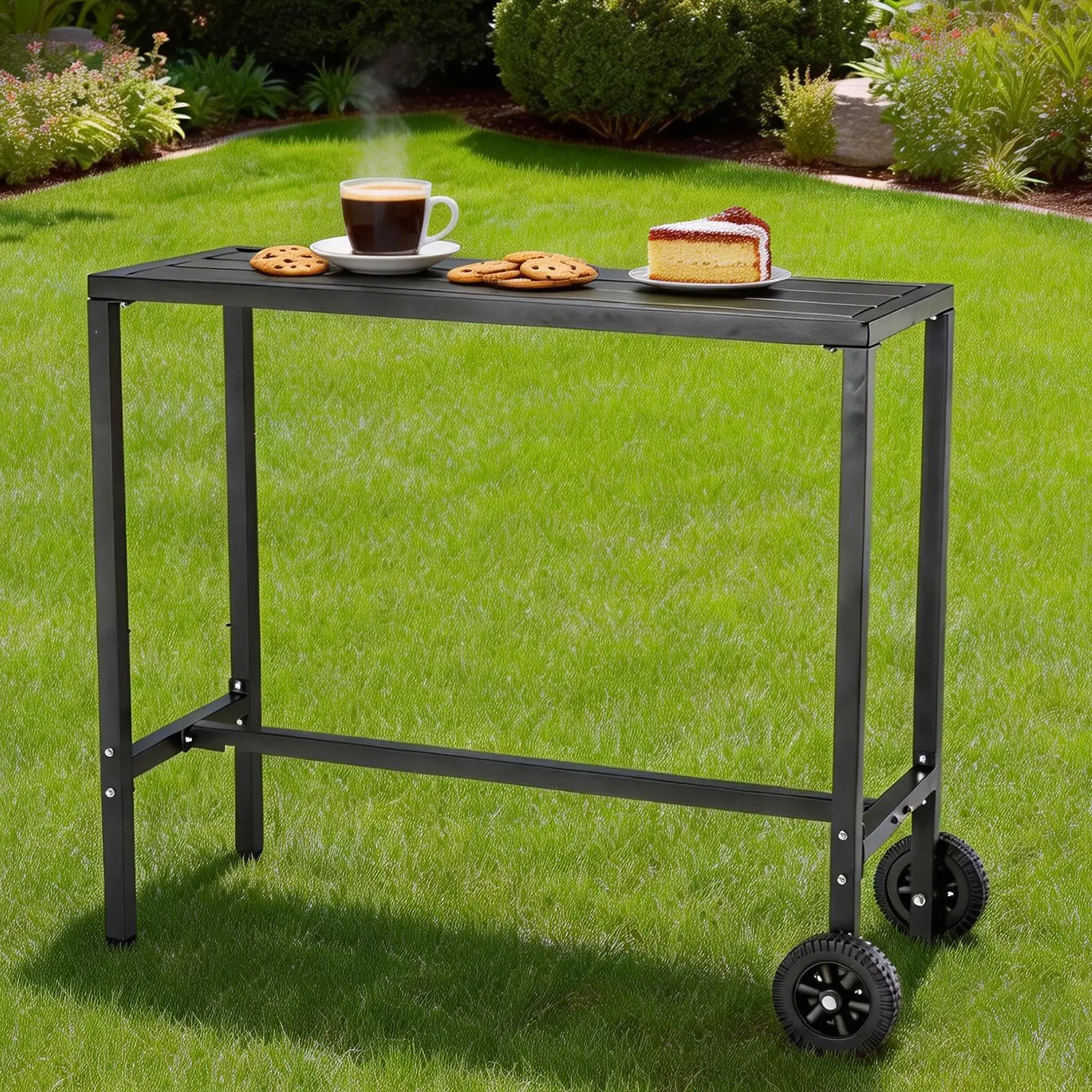 39-Inch Outdoor Patio Bar Table - Mobile Weatherproof Steel Counter Height Metal Exterior Outdoor Furniture Set with Wheels, Adjustable Leveling Feet, Proven Durability, Balcony & Home Bar Everyday Serving Use