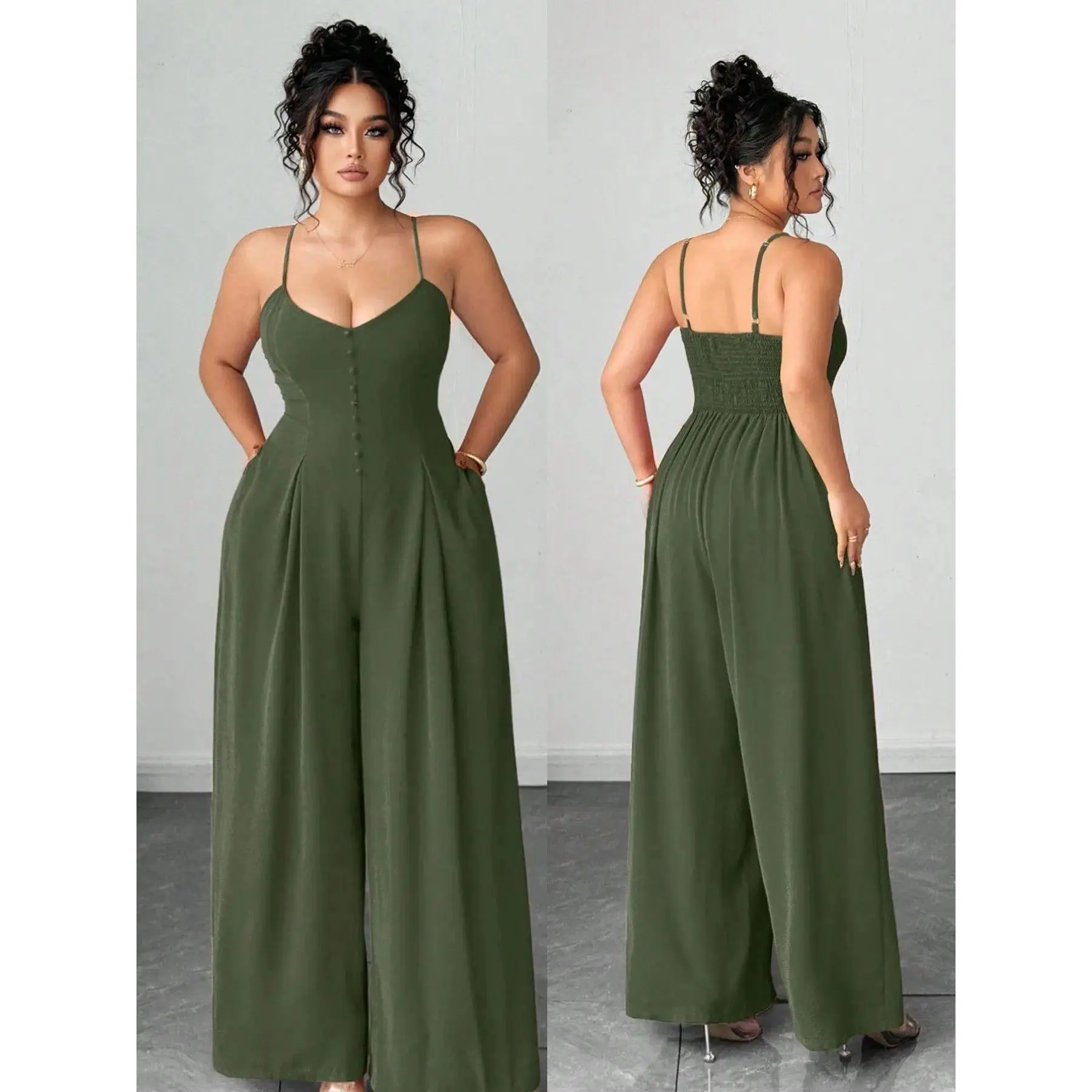 Elegant Casual Plus-Size Women's Spring-Summer Wide-Leg Jumpsuit with Button Shoulder Straps and Pleated Waist Womenswear, Adjustable Strap Jumpsuit, Flattering