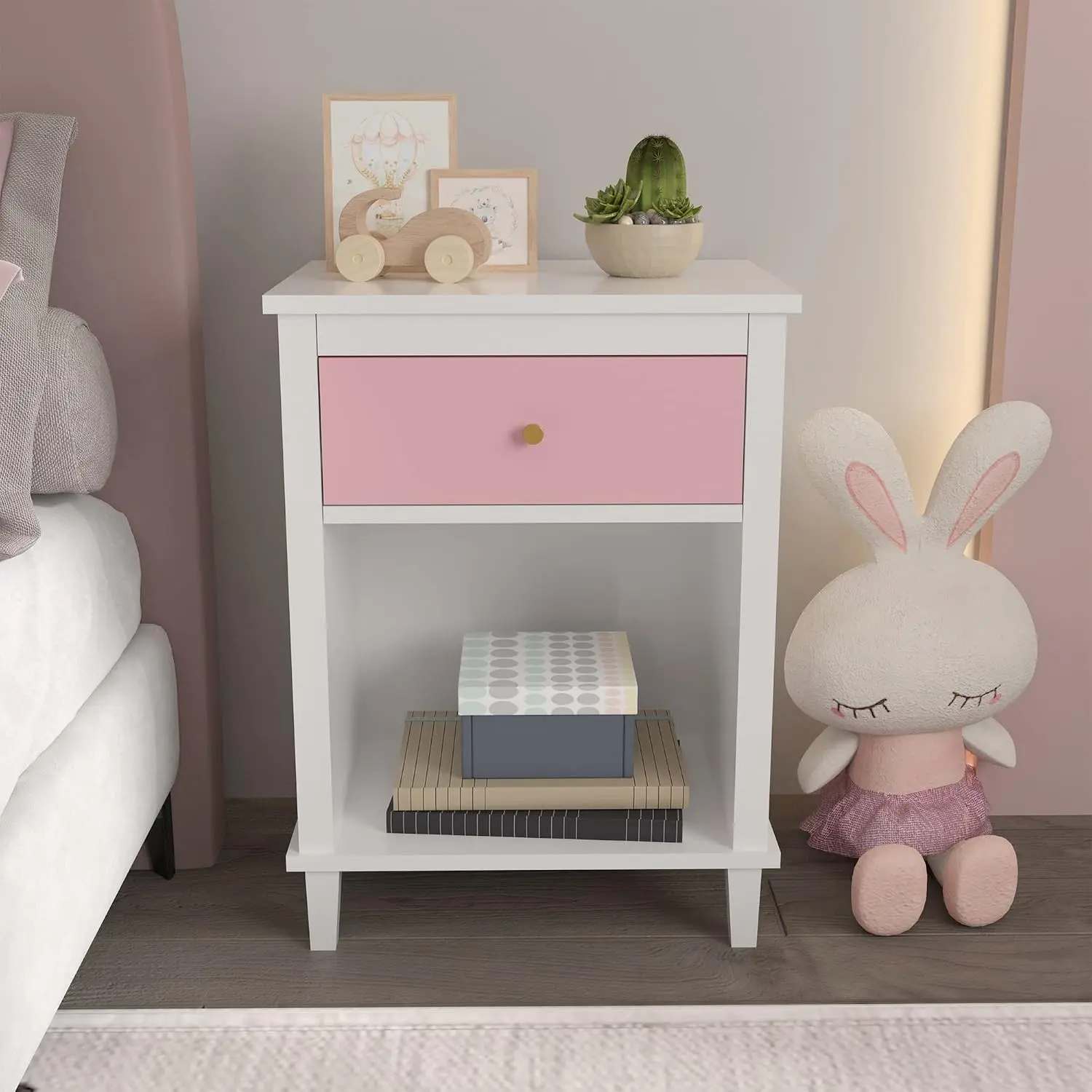 Modern Nightstand, Kids Nightstand with One Drawer, End Table for Boys and Girls, Toddler Night Stand for Living Room, Bedroom (Pink)