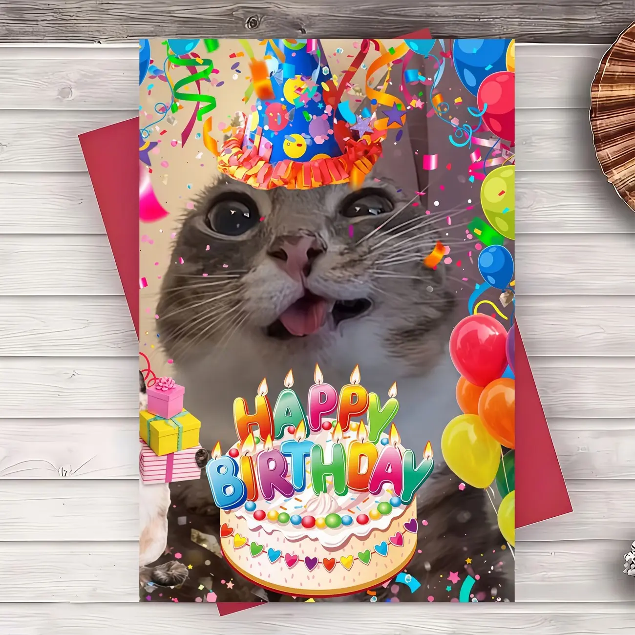 Funny Cat Birthday Greeting Card, Happy Birthday Meme Style Card with Cute Party Cat Design, Humorous Gift Card for Friends, Family, Coworkers and Cat Lovers, Creative Birthday Card, Christmas Holiday Gift