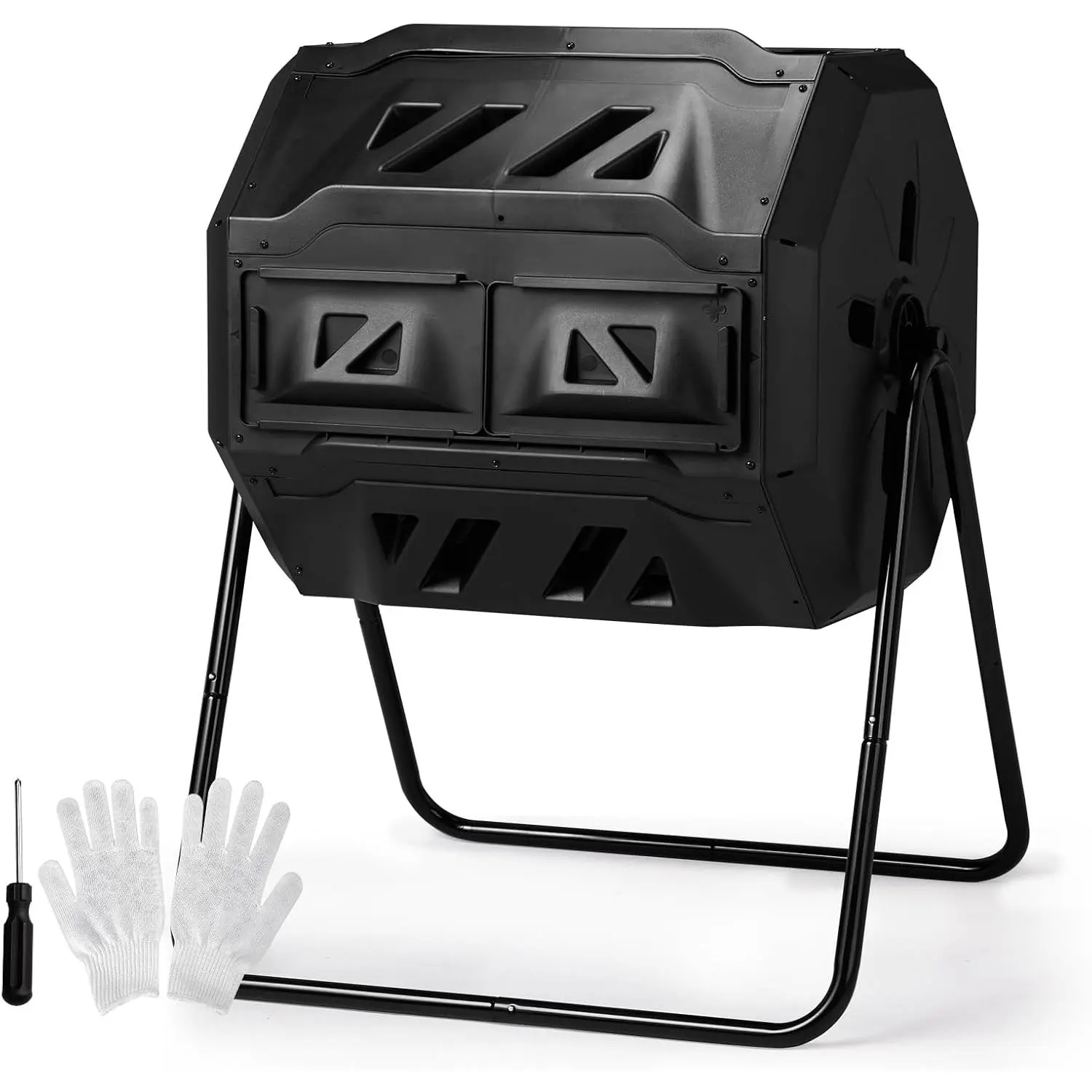 Karlhome Outdoor Compost Tumbler Dual Chamber, Outdoor Tumbling Composter Dual Rotating Batch Compost Bin, 42 Gallon, Black