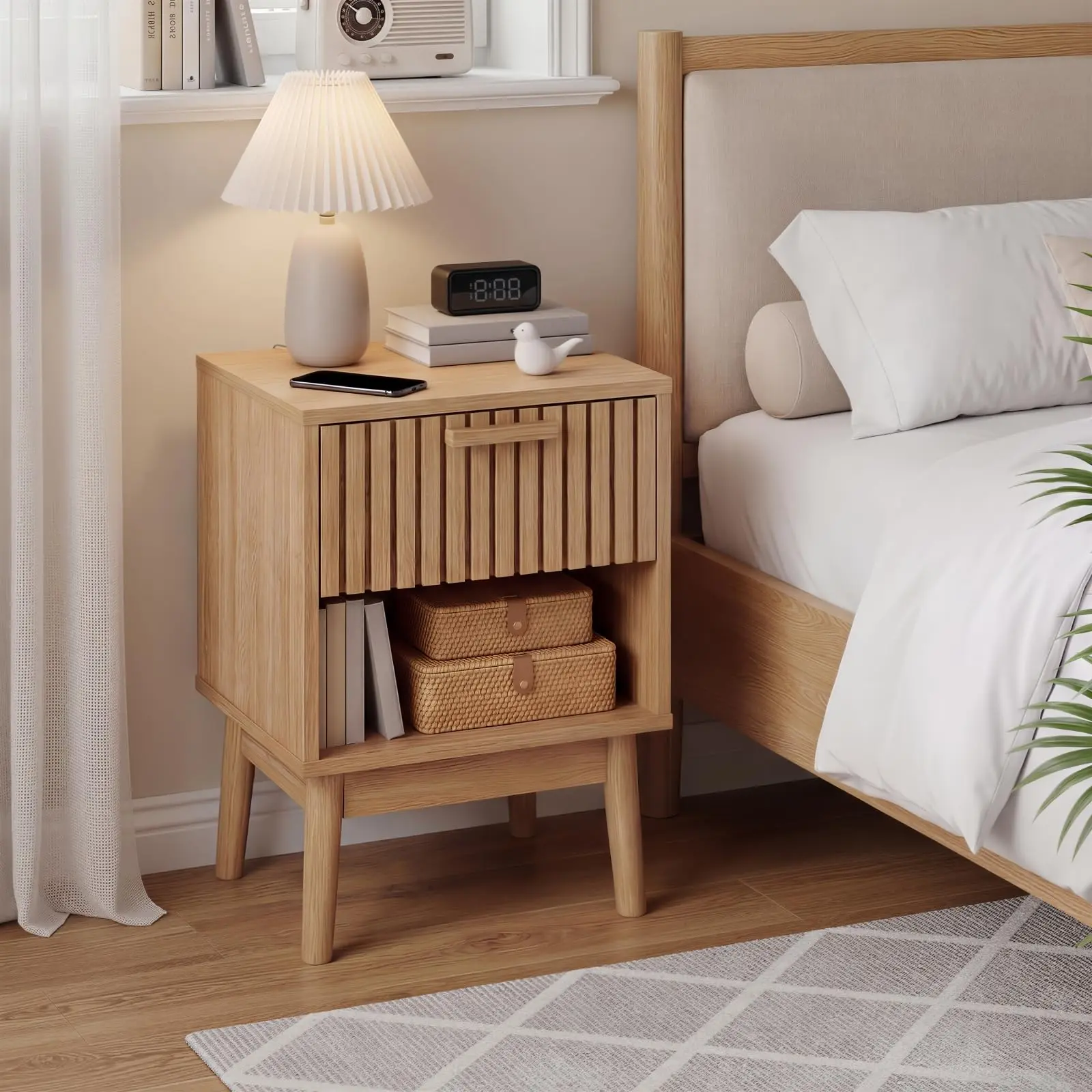 【IdealHouse】Boho Style Small Nightstand with Drawer and Open Shelf, Bedside End Table Featuring Wood Strip Decorated Drawer, Multifunctional Side Furniture for Bedroom Dorm Living Room and Small Spaces