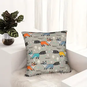 2D Flat - Double-Sided 2pc 2D BIHUUDU Fox Pattern Pillowcase with a Playful Fox And Snowflake Design in Modern Style, Featuring Bright Orange, Black, And Blue on a Gray Background, Zip Closure, Machine Washable Decorative Cover