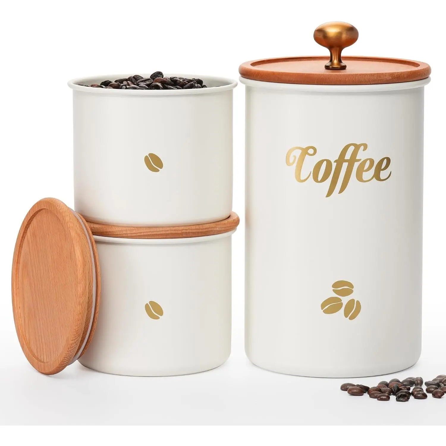 Coffee Canister, 3 pack 2 lb/12 oz/12 oz Large Airtight Coffee Bean Storage Container, Café Grounds Container, Cafe Jar Cafe Holder,  Storage Container for Flour, Sugar,  (White)