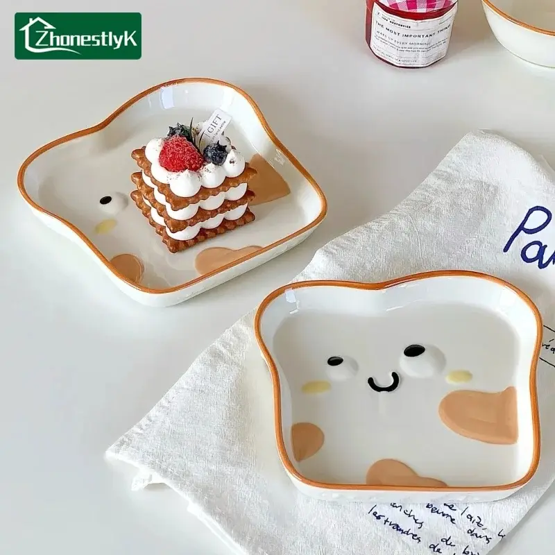 Cute Toast Bread Shaped Ceramic Plate Personalized Decorative Plates Rectangular Cake Dim Sum Plates Household Fruit Snack Dish