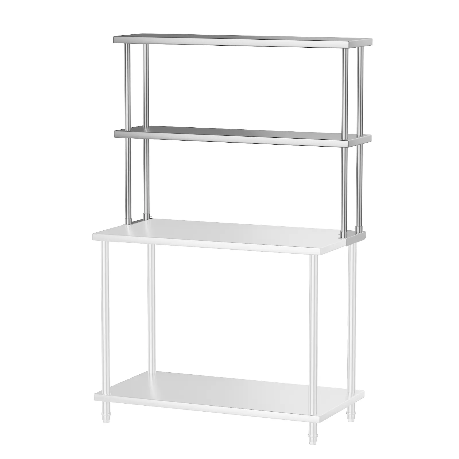 Stainless Steel Work Table Riser Shelf, 2-Tier Double Overshelf, 48x24 in Floor Stand, 12x48, 12x36, 12x30 in Countertop Stands