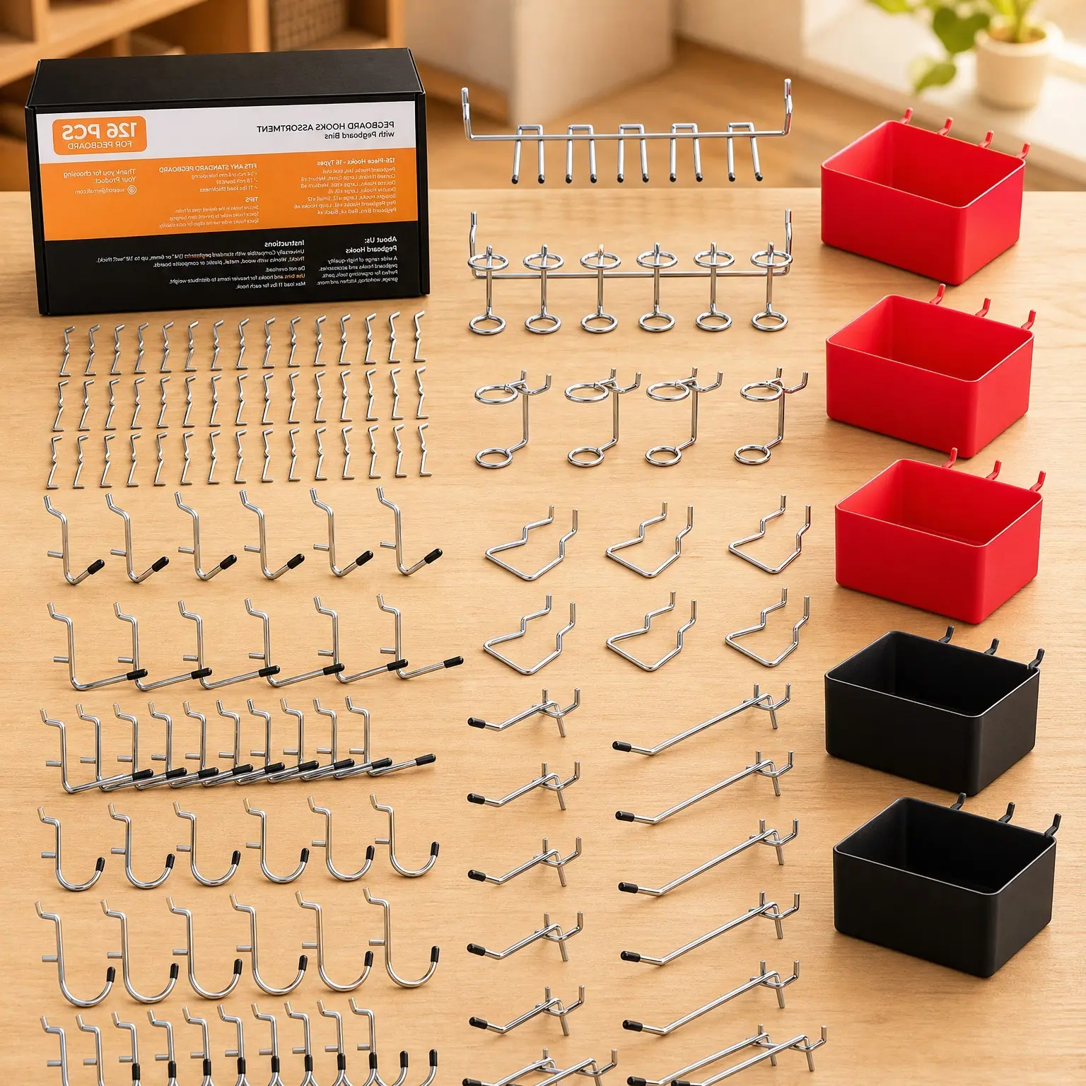 126PCS Pegboard Organizer Accessories Kit with 6 Bins | Pegboard Hooks Assortment Fits 1/8 or 1/4 Inch Pegboard for Hanging Storage in Garage, Workbench, Craft RoomGift
