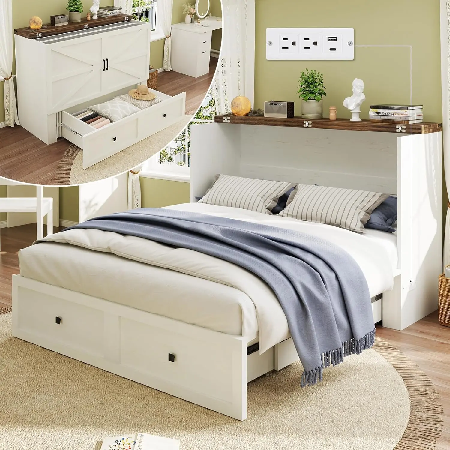 Full Murphy Bed Cabinet with Charging Station – Fold-Down Space-Saving Bed, 900lbs Capacity, Storage Drawer – White, Ships in 3 Boxes
