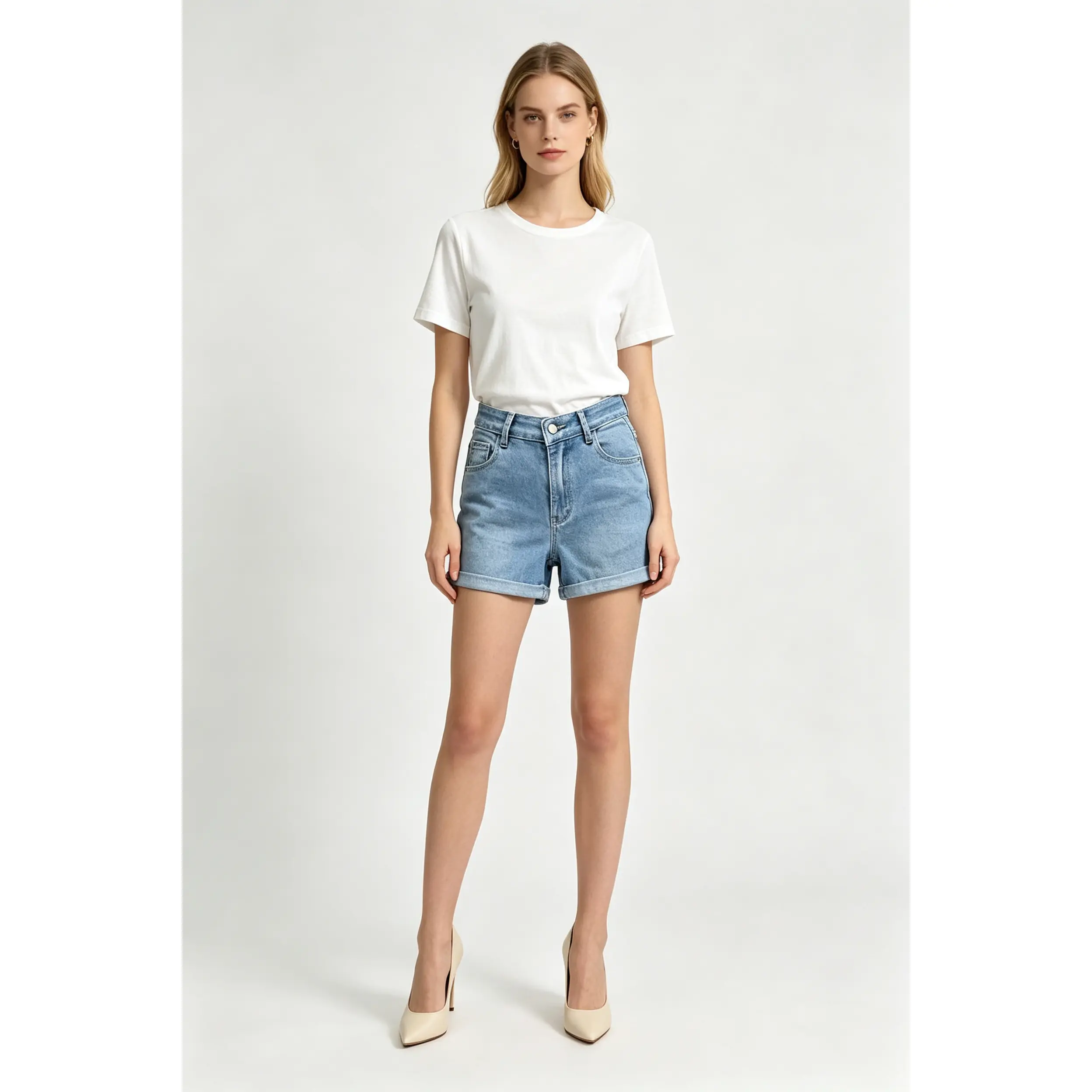 Women's High Waist Light Wash Roll Cuff Denim Shorts, Loose Straight Stretch Cuffed Hem Jean Shorts with 5 Pockets, Vintage Casual Summer Denim Shorts for Daily Shopping Beach Vacation Weekend Street Outfits