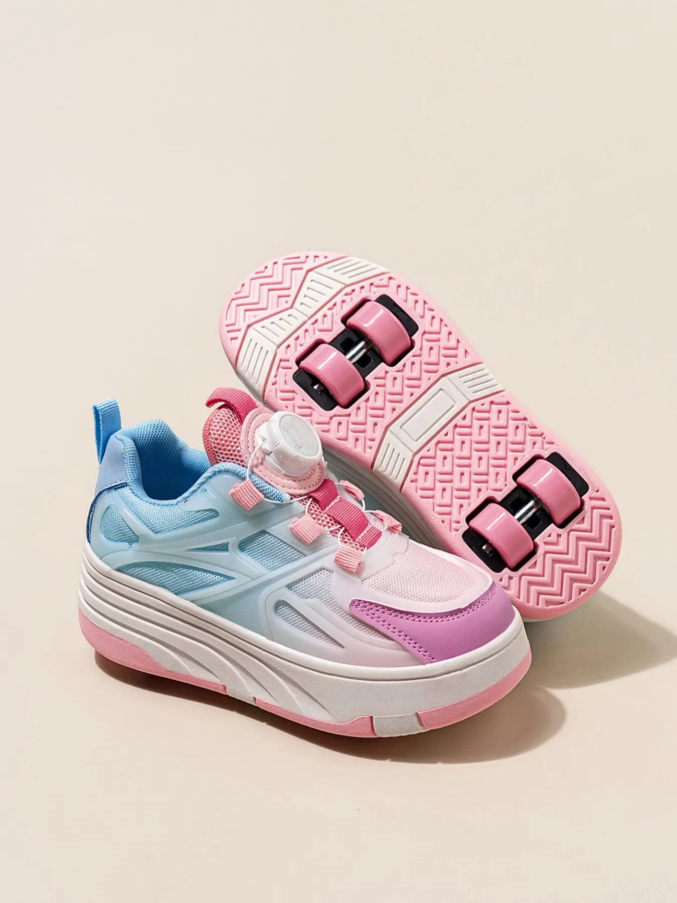 Blue Macaron Color Girls' Roller Skates, Breathable Mesh, Button Closure, Detachable Four Wheels, Outdoor Sports Shoes