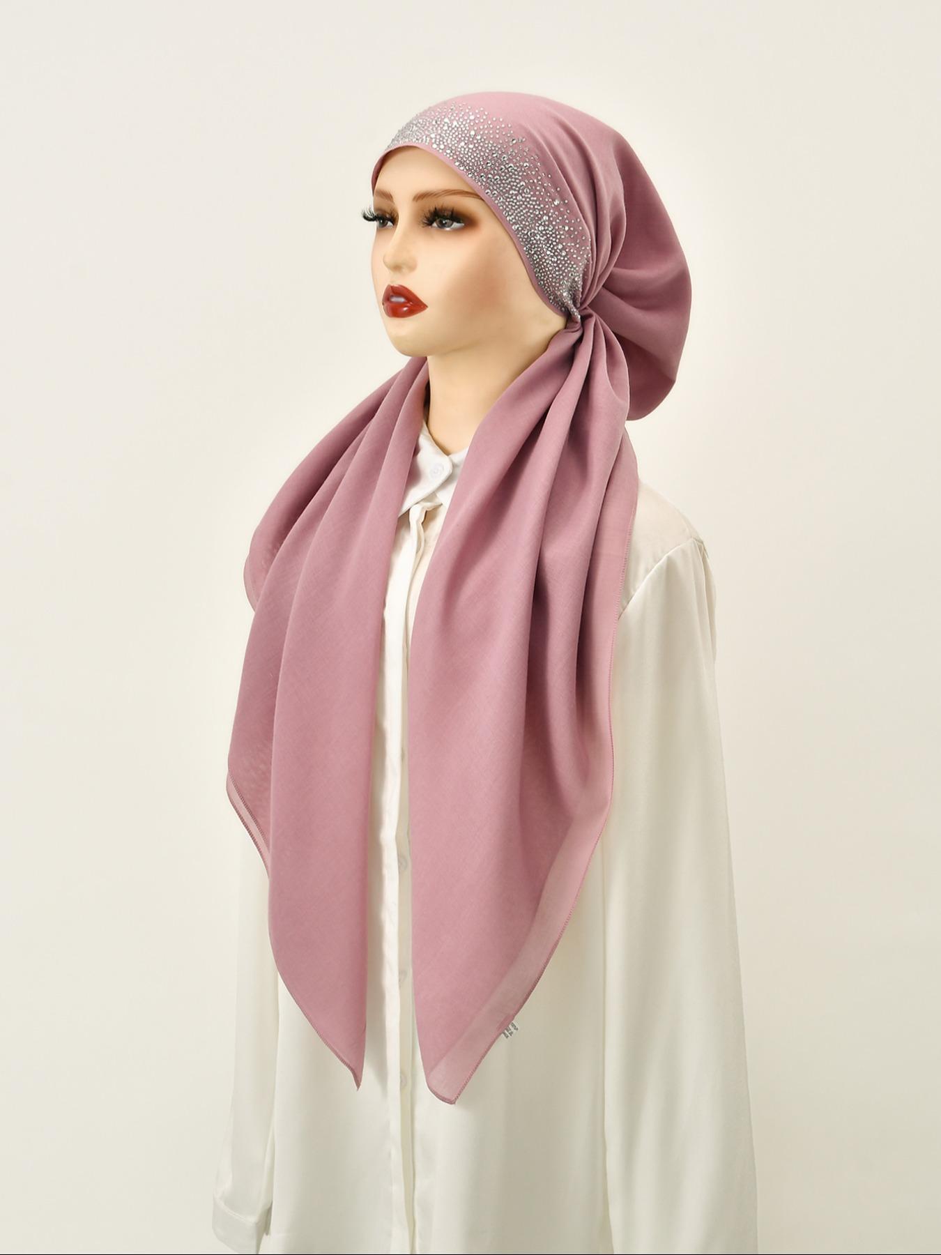 Women's Solid Color Rhinestone Decor Instant Hijab, Modest Fashion Breathable Hijab for Daily Wear, Women's Islamic Accessory for All Seasons, Turban Style Hijab