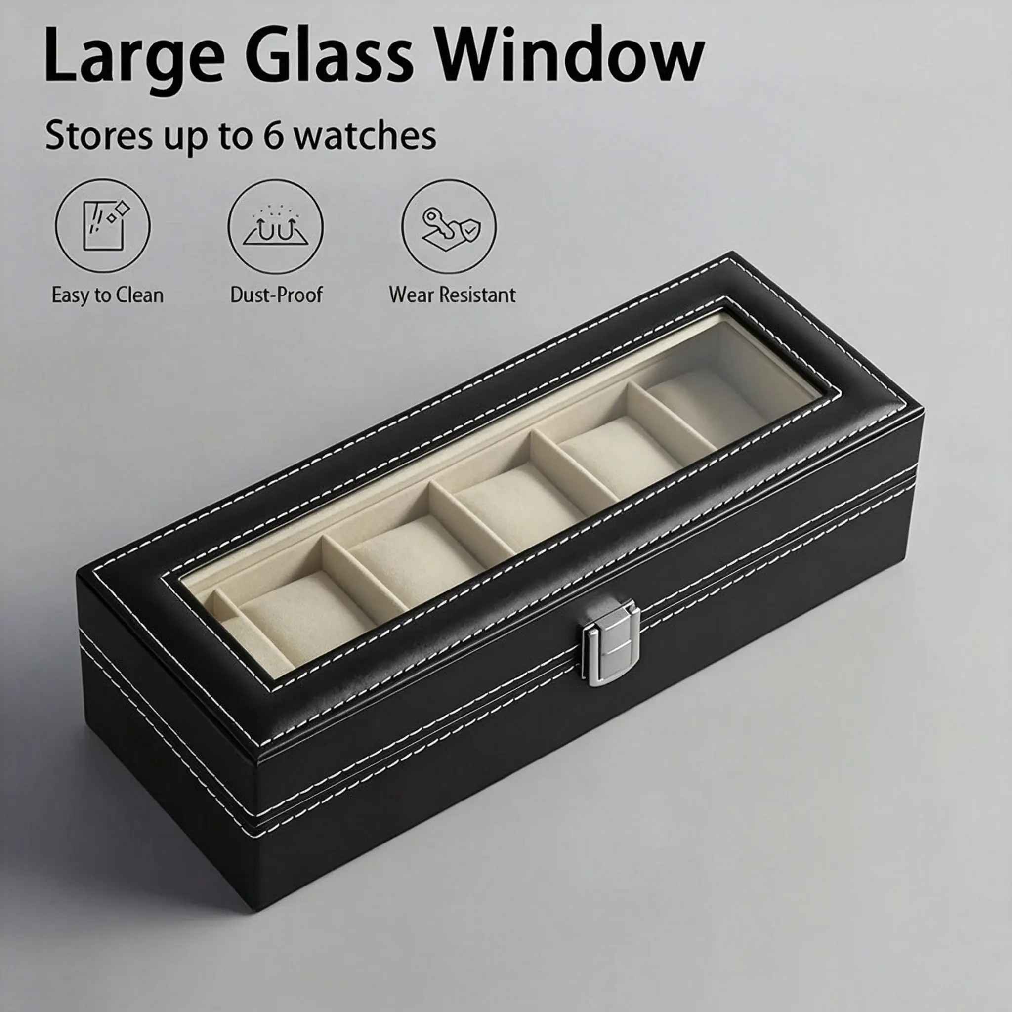 6-Slot Faux Leather Watch Storage Box, Cream Interior, Travel Watch Display Case, Secure Watch Slot, Elegant Watch Cabinet, Watch Organizer, Holiday Gift