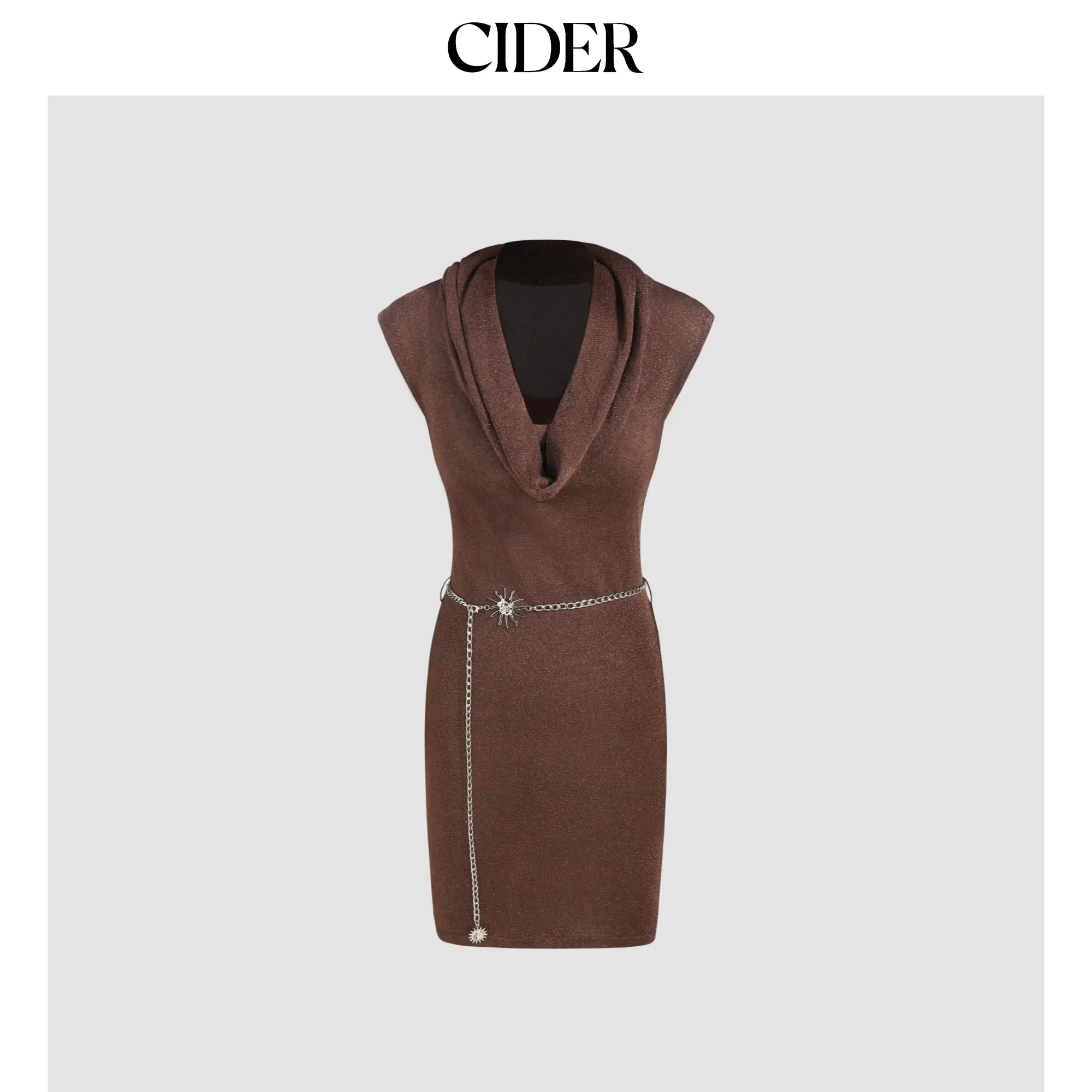 Cider [size 2-10] Knit Multi-way Solid Cowl Neck Mini Dress With Sun Decor Waist Chain