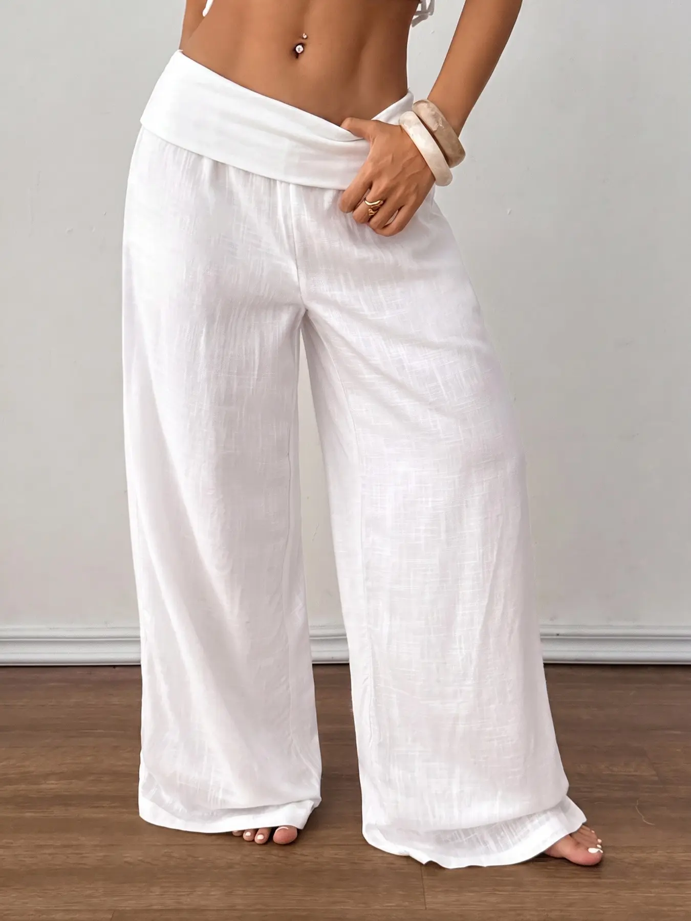 Solid White Fold Over Waist Wide Leg Pants, Flowy Relax Fit Palazzo Trousers, Boho Cottagecore Beach Vacation Bottoms, Lightweight Textured Casual Resort Wear, Viral Trendy All-Match Summer Holiday Loose Women Wide Leg Pants