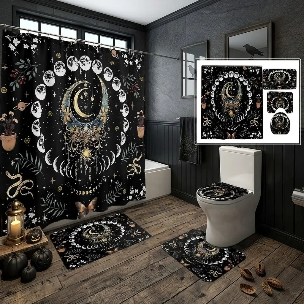 4Pcs Boho Celestial Moon Phase Shower Curtain Set, Mystic Star Planet Botanical Print,The floor mat fabric is thicker and softer!  Witchy Aesthetic Decor for Halloween Bathroom Styling